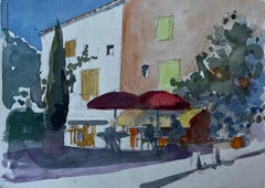 Scena di caffè provenzale con ombrelli rossi Acquerello modernista francese