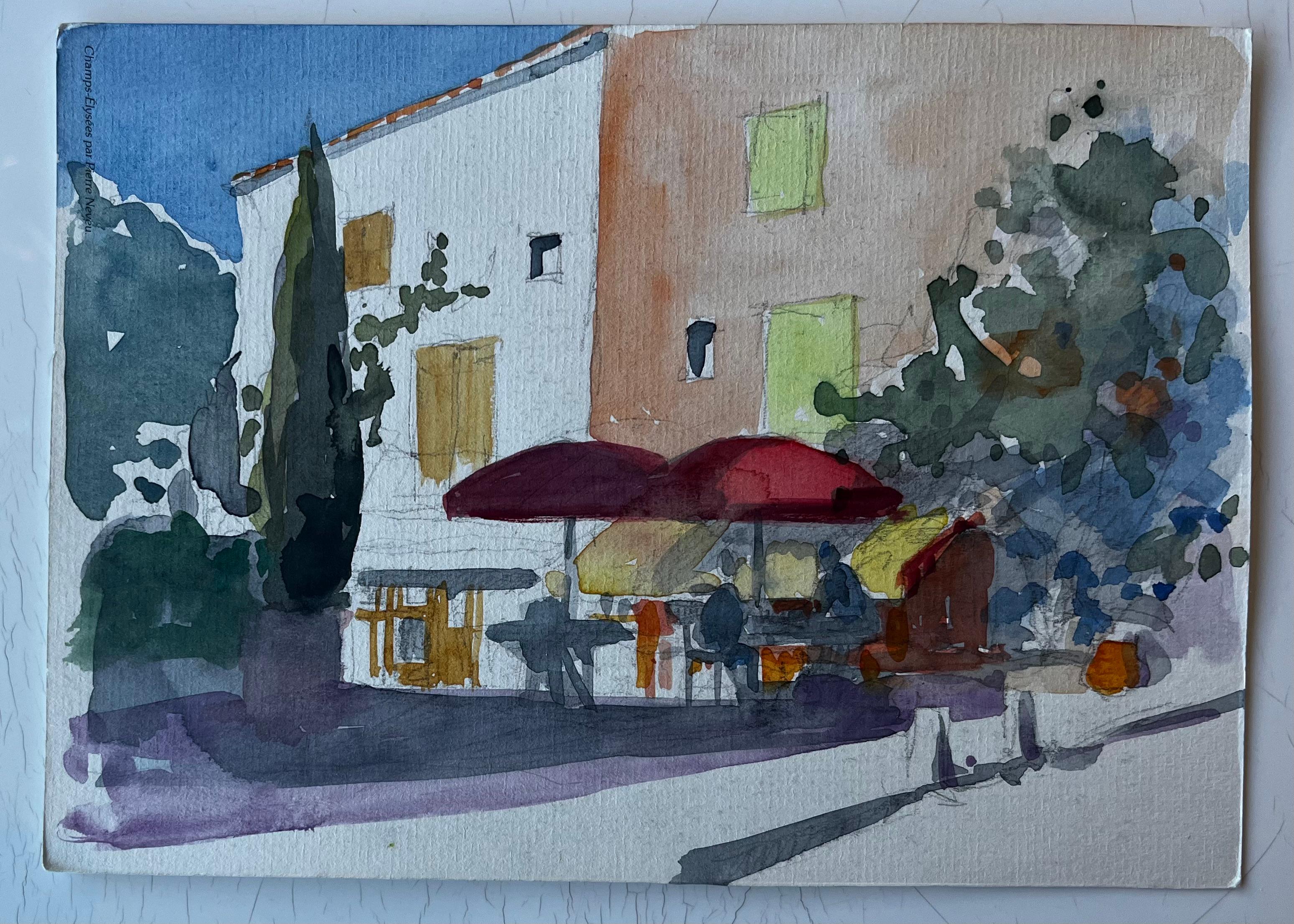 Scena di caffè provenzale con ombrelli rossi Acquerello modernista francese - Art di Pierre Neveu