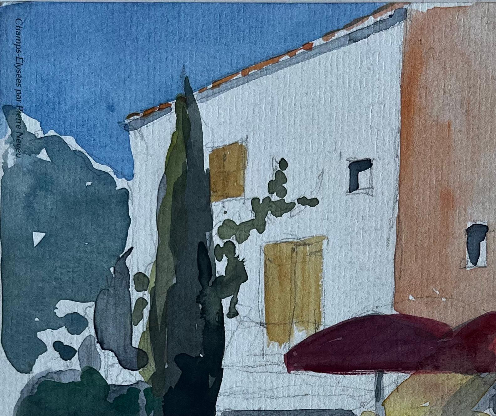 Scena di caffè provenzale con ombrelli rossi Acquerello modernista francese - Landscape Art Grigio di Pierre Neveu