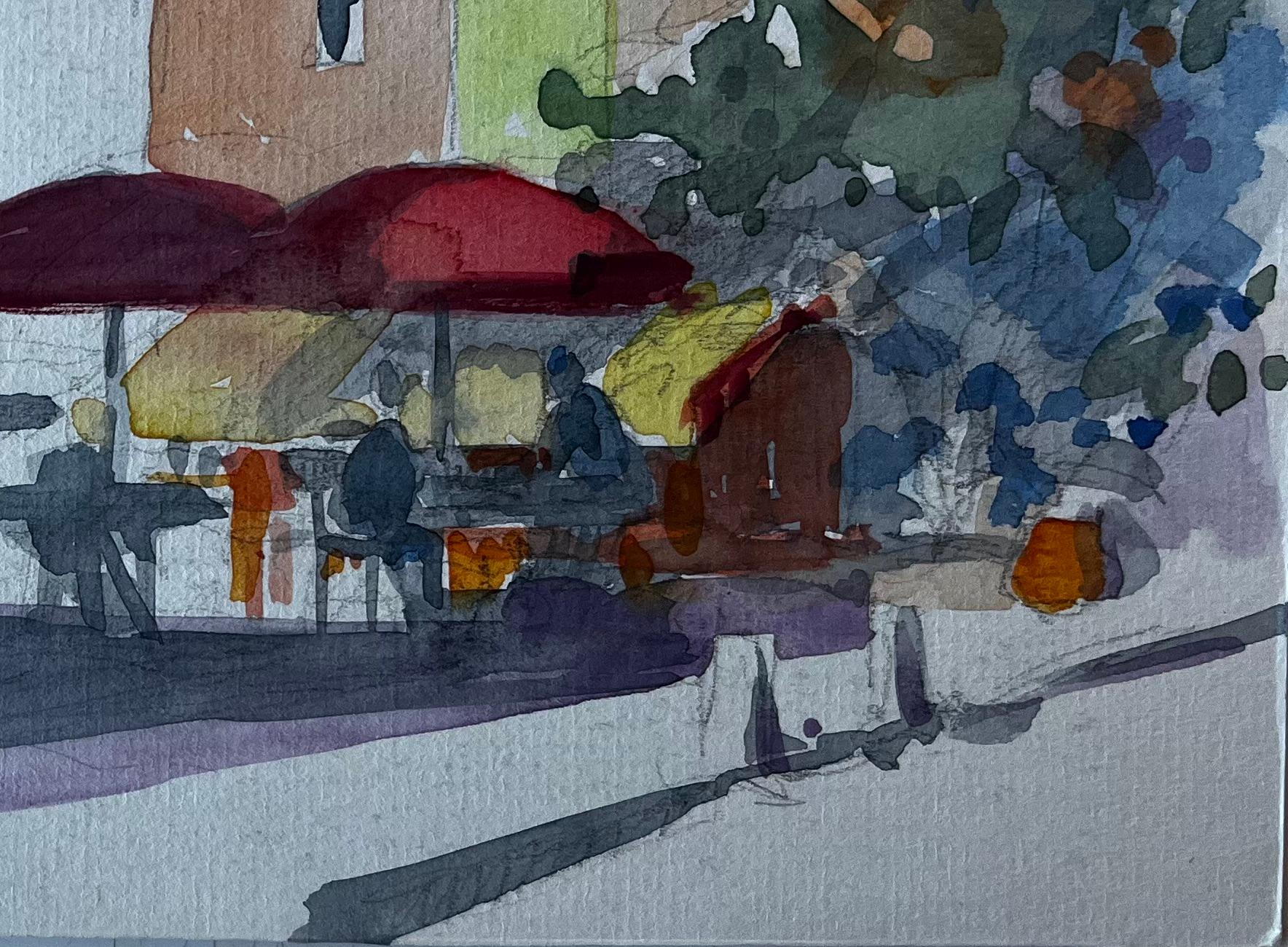 Titolo: Scena di caffè provenzale con ombrelli rossi Acquerello modernista francese
Artista: Pierre Neveu (francese, nato nel 1929)
Medium: Acquerello su carta d'artista, senza cornice
Dimensioni (H. x L): 6,25 x 8,75 pollici
Condizioni: Nel