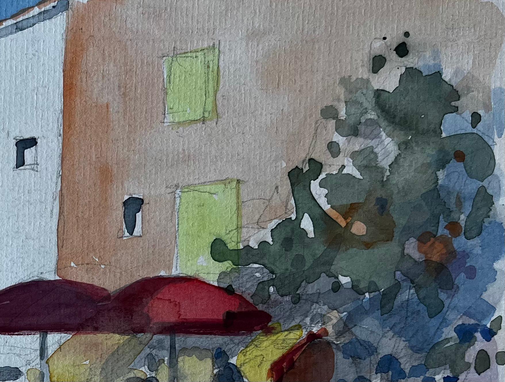 Scena di caffè provenzale con ombrelli rossi Acquerello modernista francese - Art Postimpressionismo di Pierre Neveu