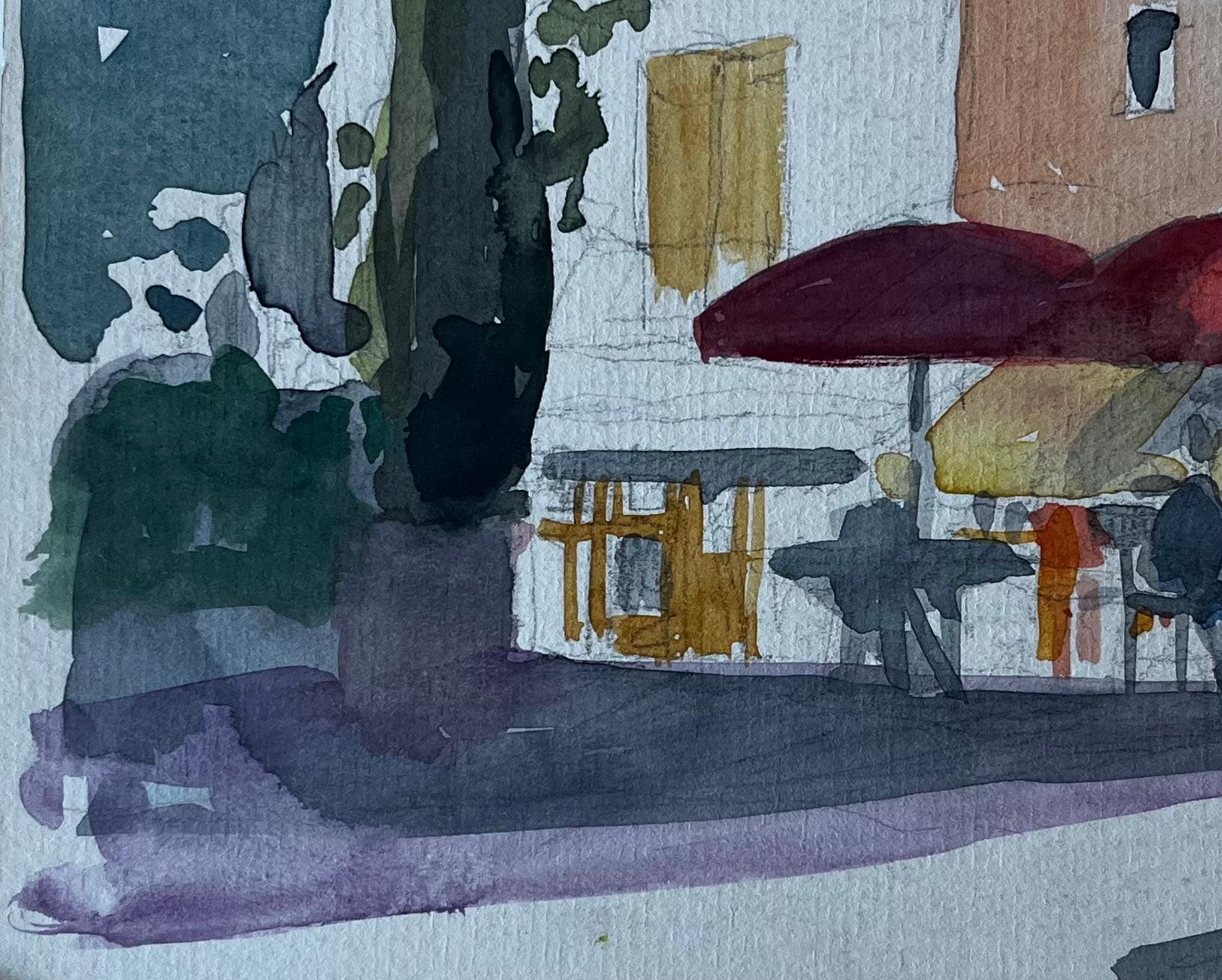 Scena di caffè provenzale con ombrelli rossi Acquerello modernista francese in vendita 1