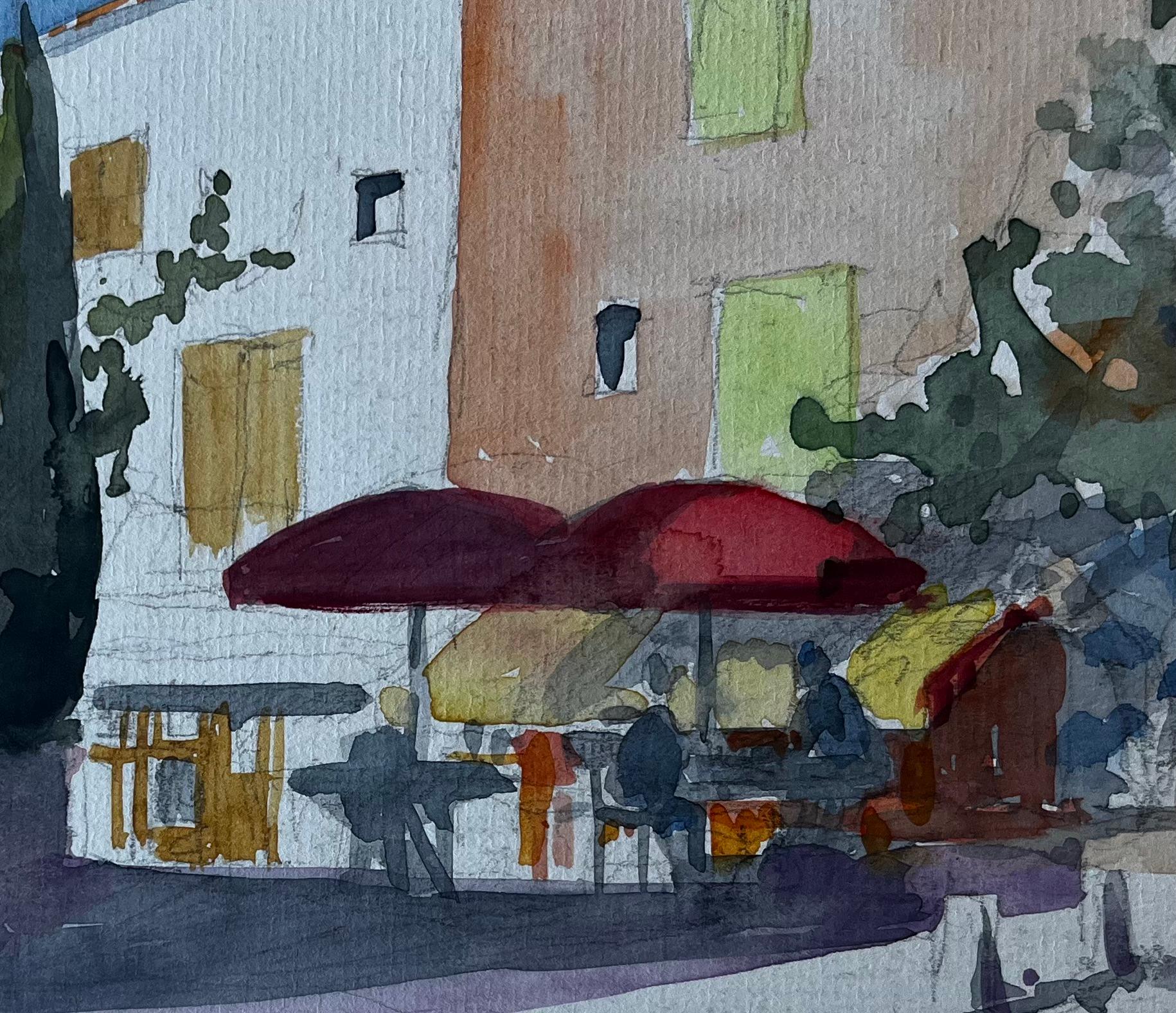 Scena di caffè provenzale con ombrelli rossi Acquerello modernista francese in vendita 2