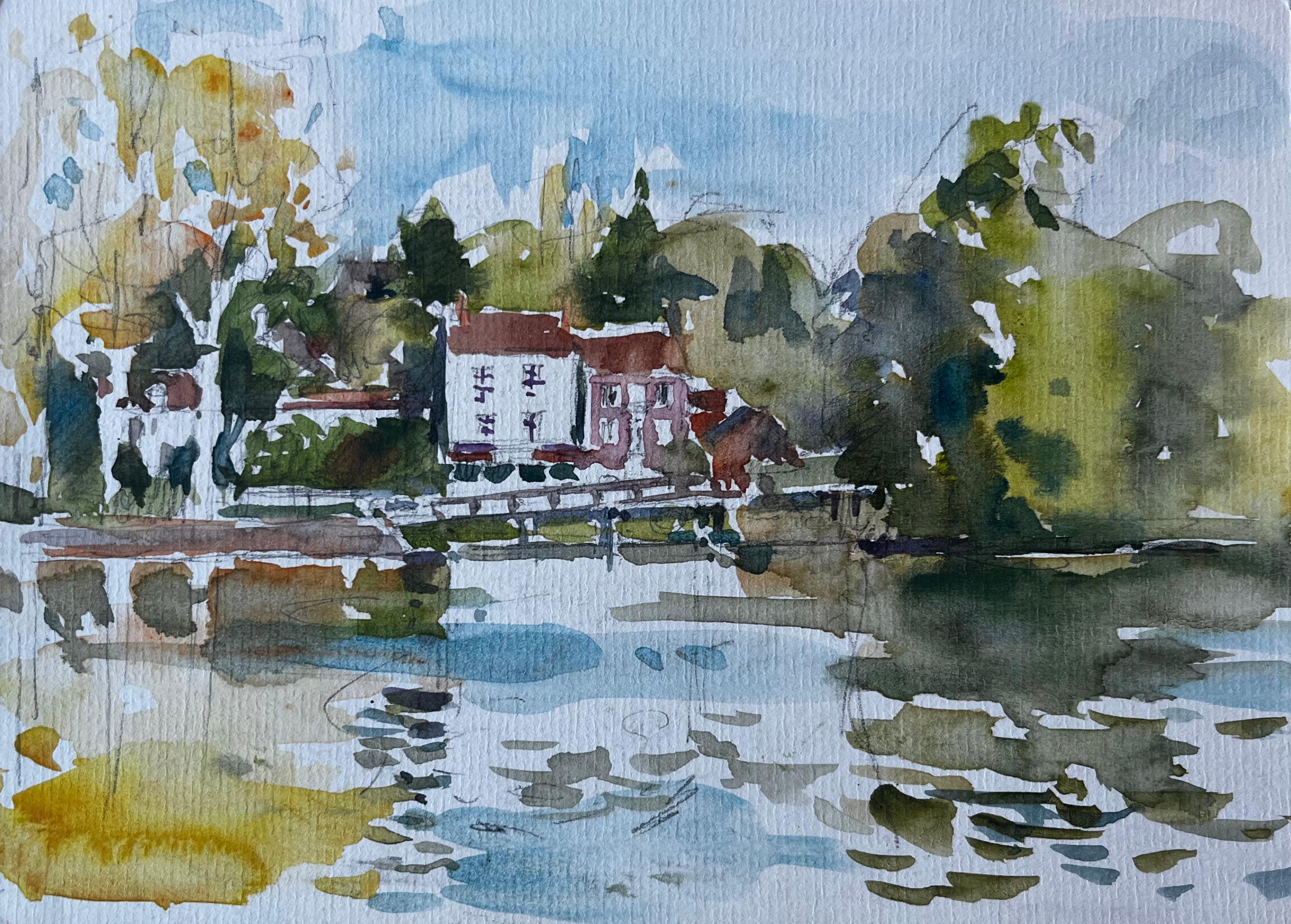 Case sul lungofiume riflesse nell
acqua Acquerello di paesaggio impressionista francese