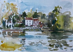 Riverside Houses Reflected in Water French Impressionist Landscape Watercolour