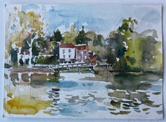 Riverside Houses Reflected in Water French Impressionist Landscape Watercolour