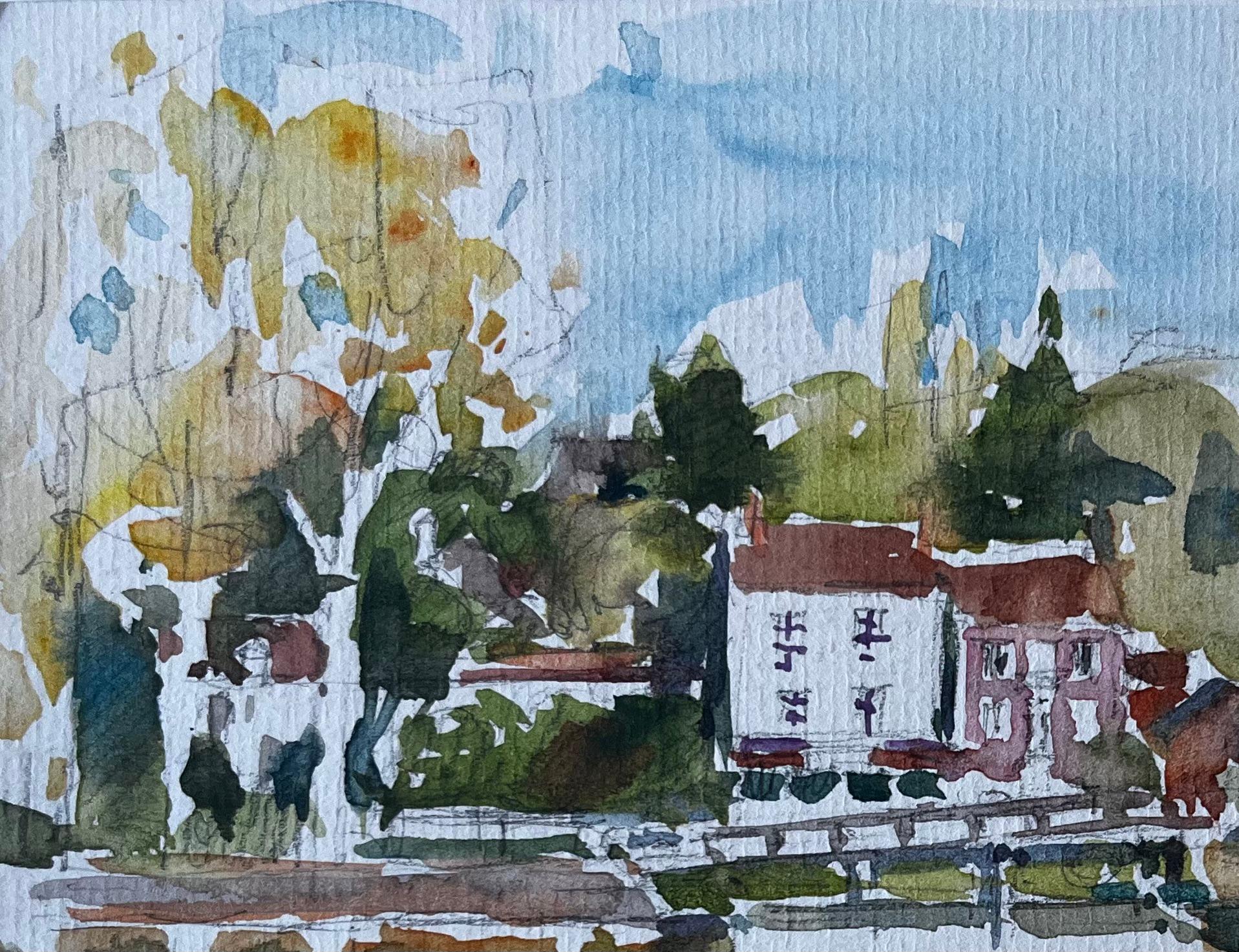 Case sul lungofiume riflesse nell'acqua Acquerello di paesaggio impressionista francese - Art Postimpressionismo di Pierre Neveu