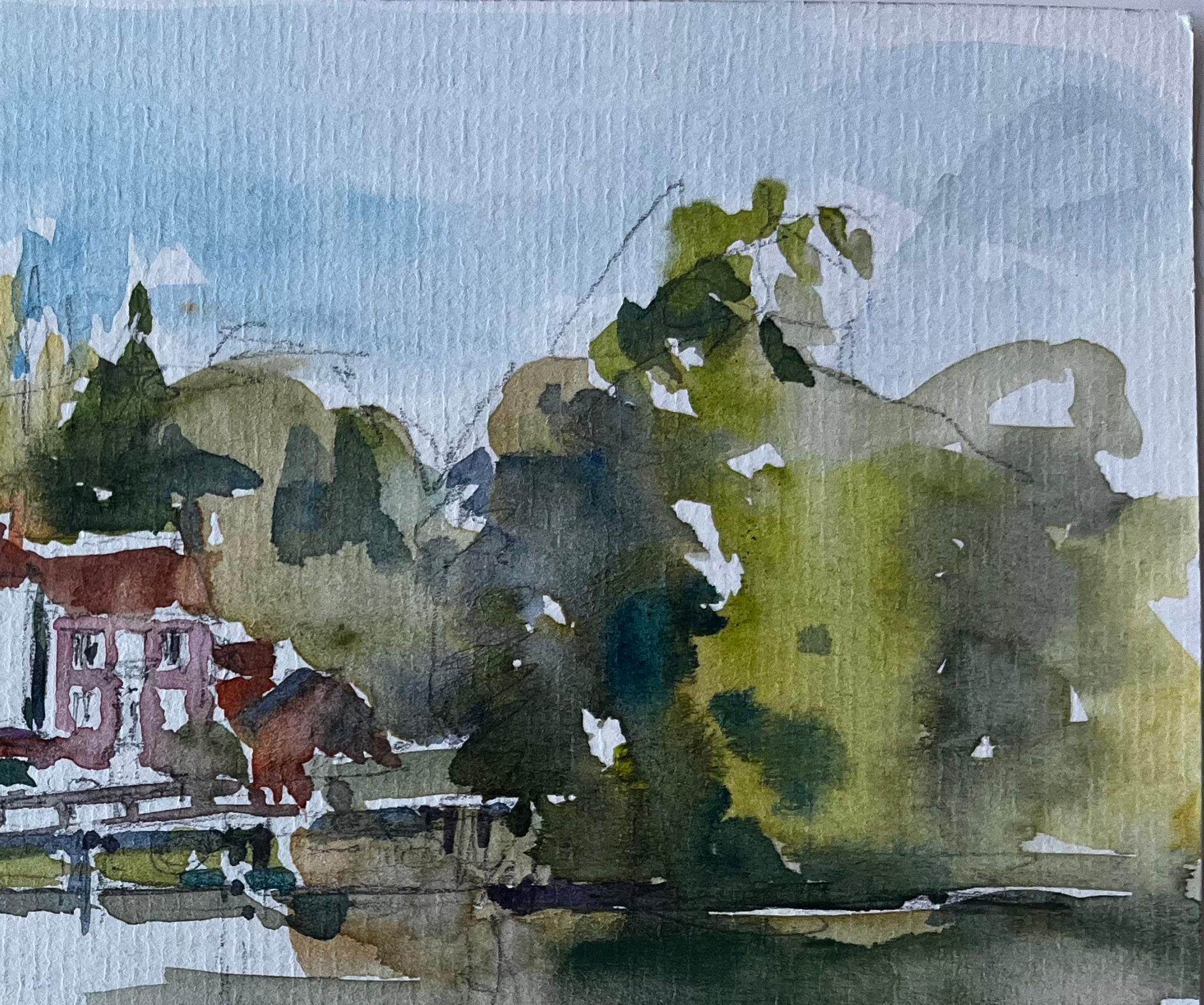 Titolo: Case sul lungofiume riflesse nell'acqua Acquerello di paesaggio impressionista francese
Artista: Pierre Neveu (francese, nato nel 1929)
Medium: Acquerello su carta d'artista, senza cornice
Dimensioni (H. x L): 6,25 x 8,75 pollici
Condizioni: