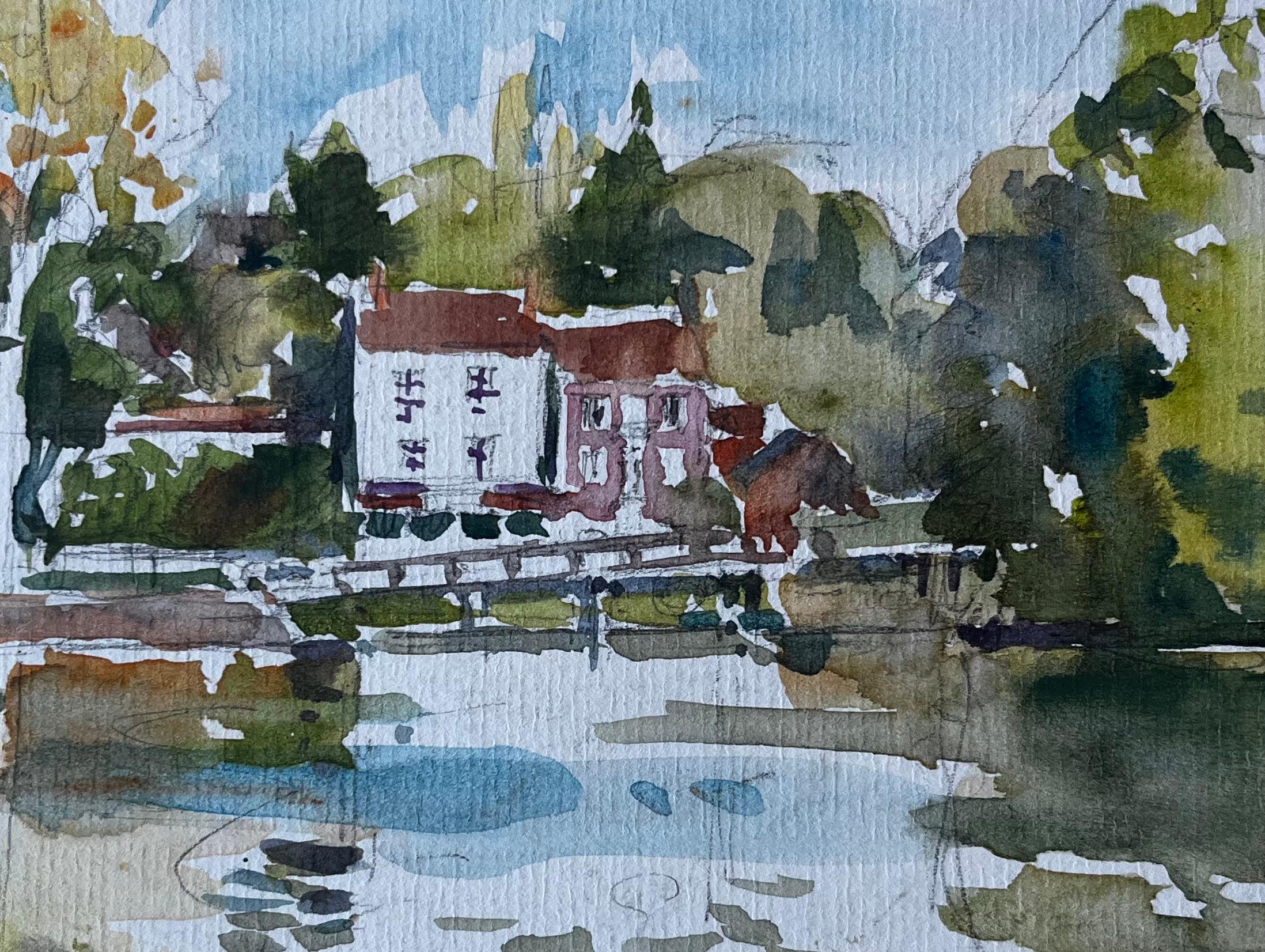 Case sul lungofiume riflesse nell'acqua Acquerello di paesaggio impressionista francese in vendita 2