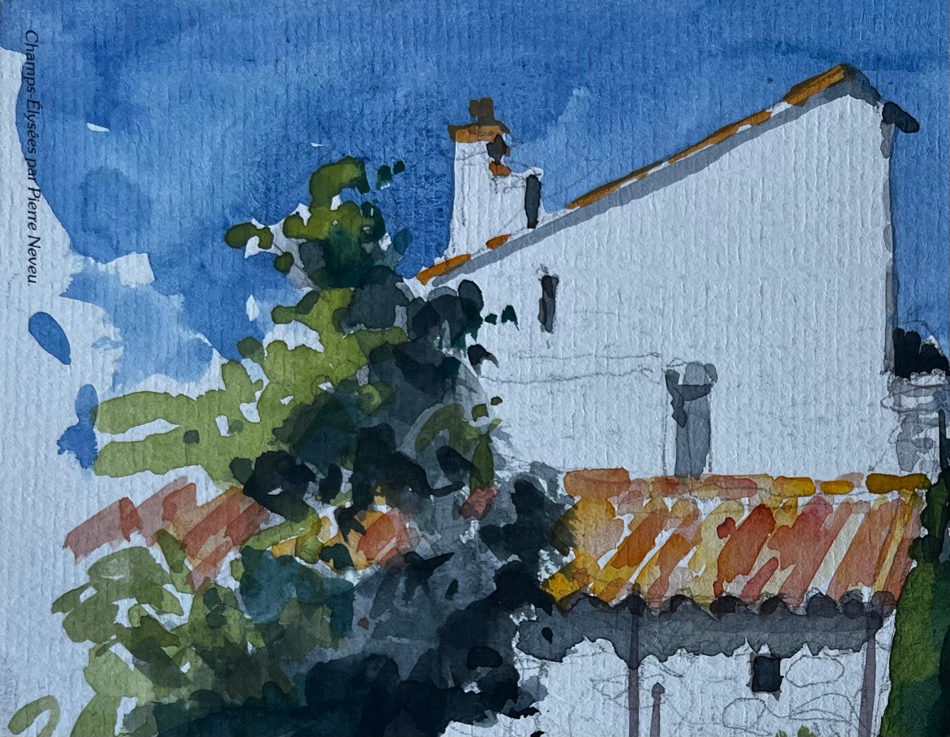 Casas de pueblo iluminadas por el sol con tejados de terracota Acuarela modernista francesa - Art Posimpresionista de Pierre Neveu