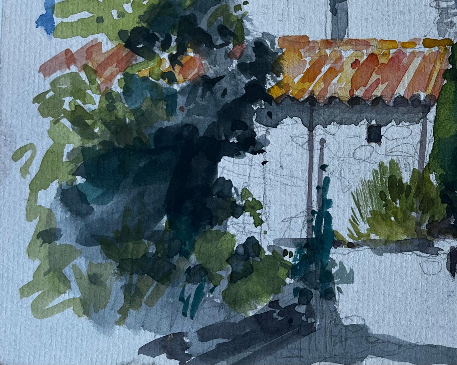 Casas de pueblo iluminadas por el sol con tejados de terracota Acuarela modernista francesa - Landscape Art Azul de Pierre Neveu