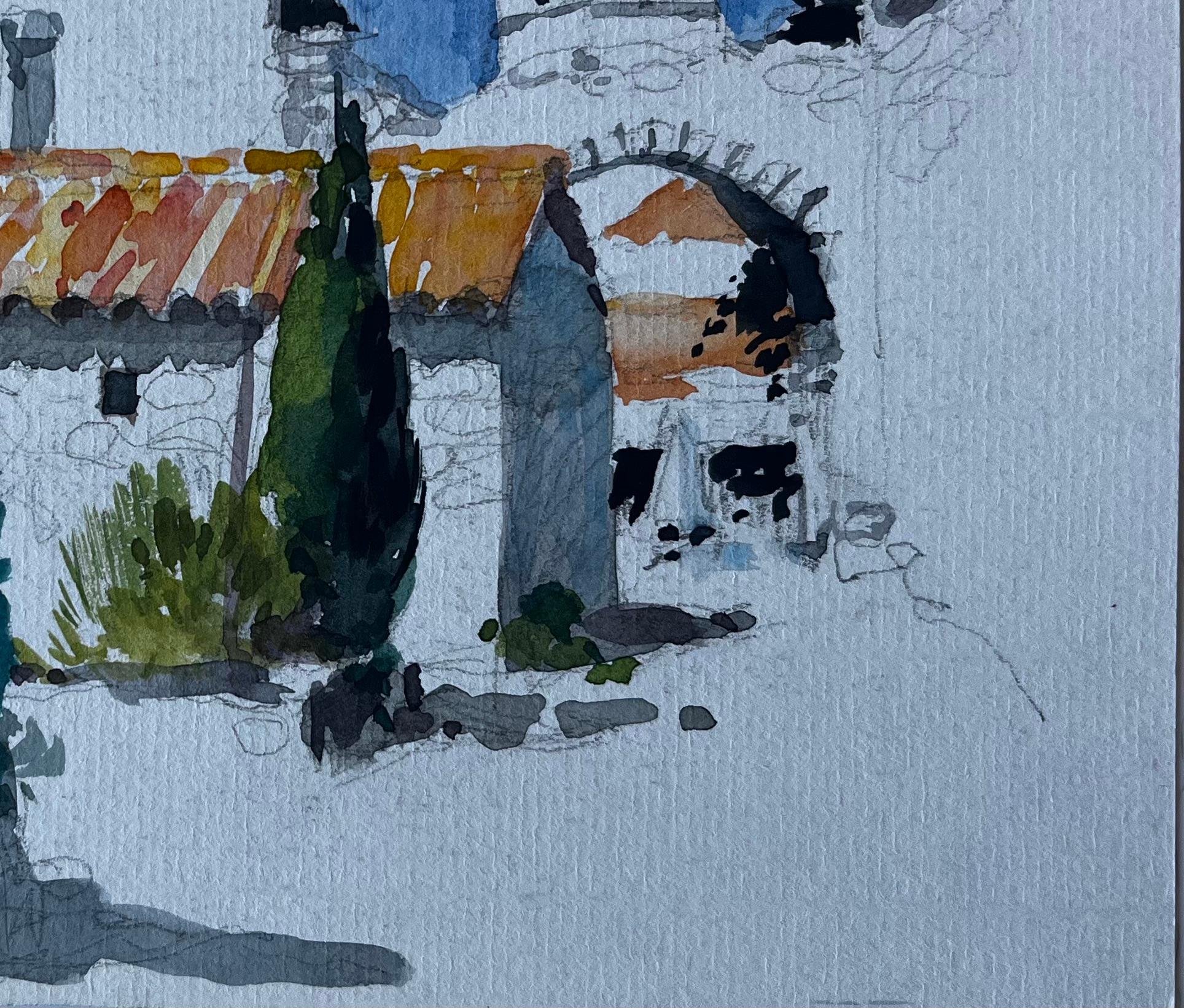 Casas de pueblo iluminadas por el sol con tejados de terracota Acuarela modernista francesa en venta 1