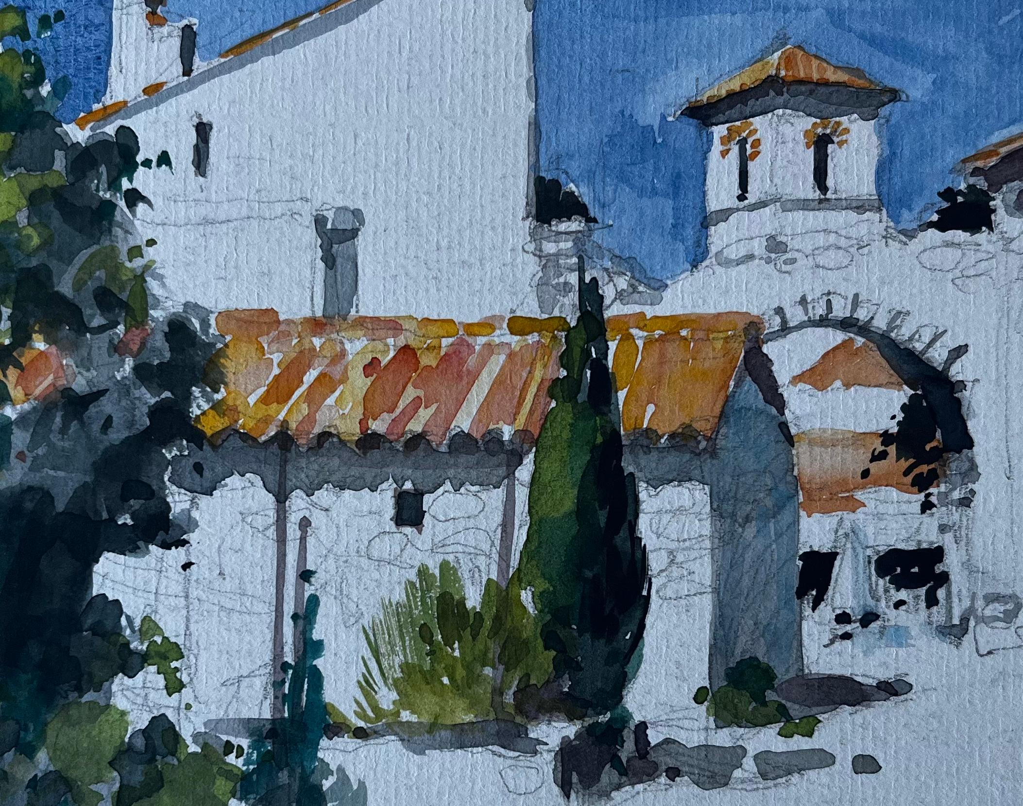 Casas de pueblo iluminadas por el sol con tejados de terracota Acuarela modernista francesa en venta 2