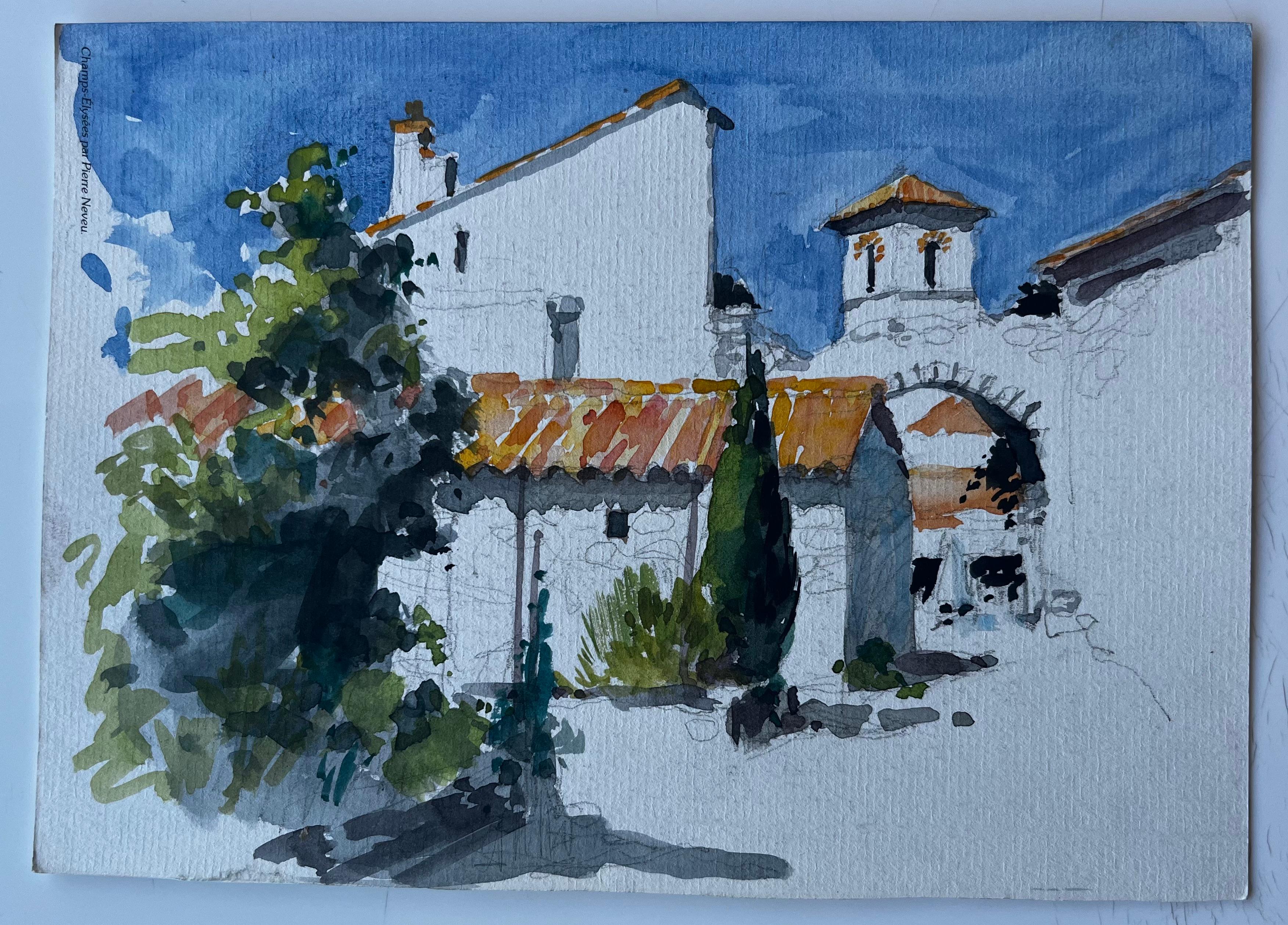 Casas de pueblo iluminadas por el sol con tejados de terracota Acuarela modernista francesa - Art de Pierre Neveu