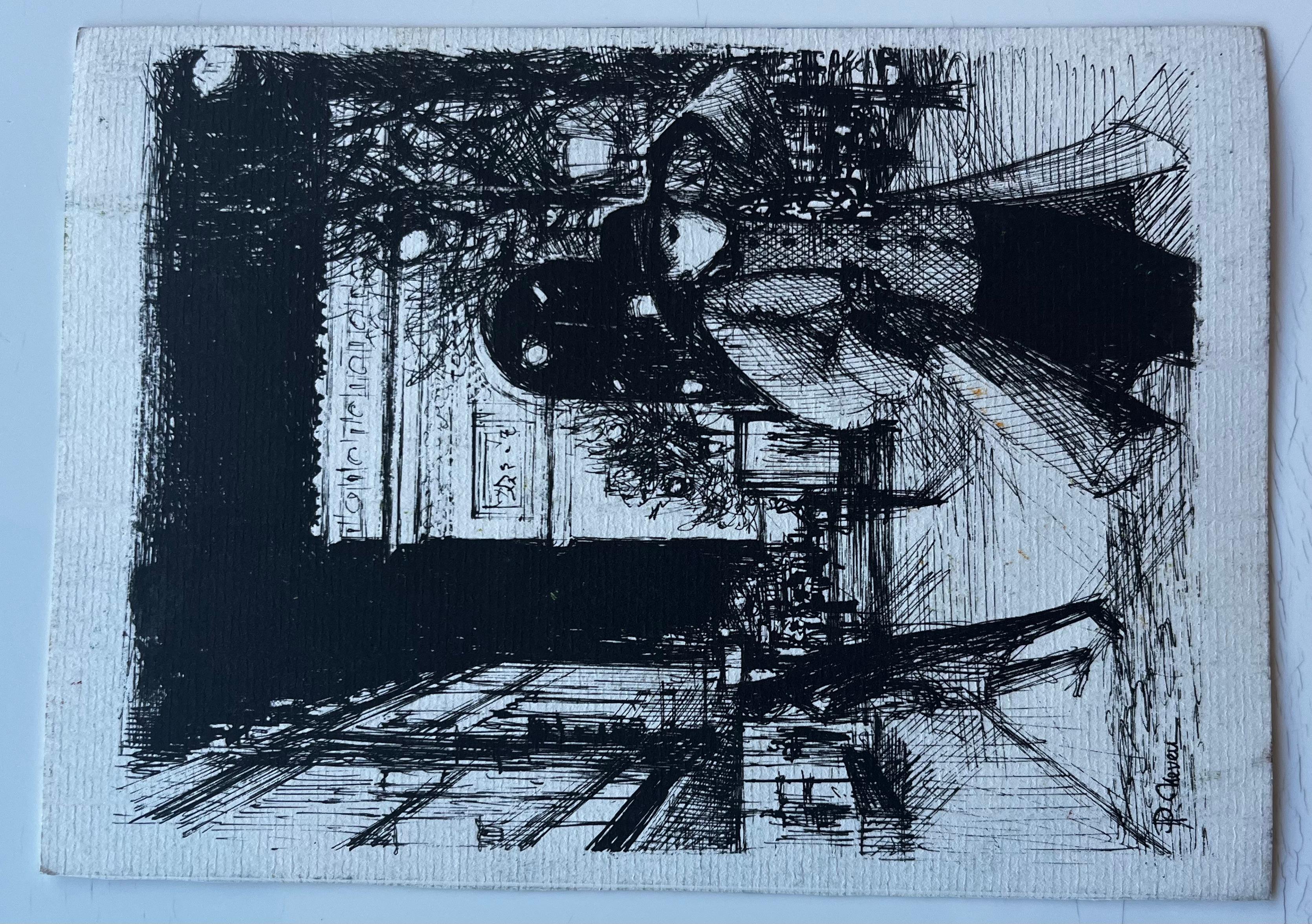 Casas de pueblo iluminadas por el sol con tejados de terracota Acuarela modernista francesa en venta 3