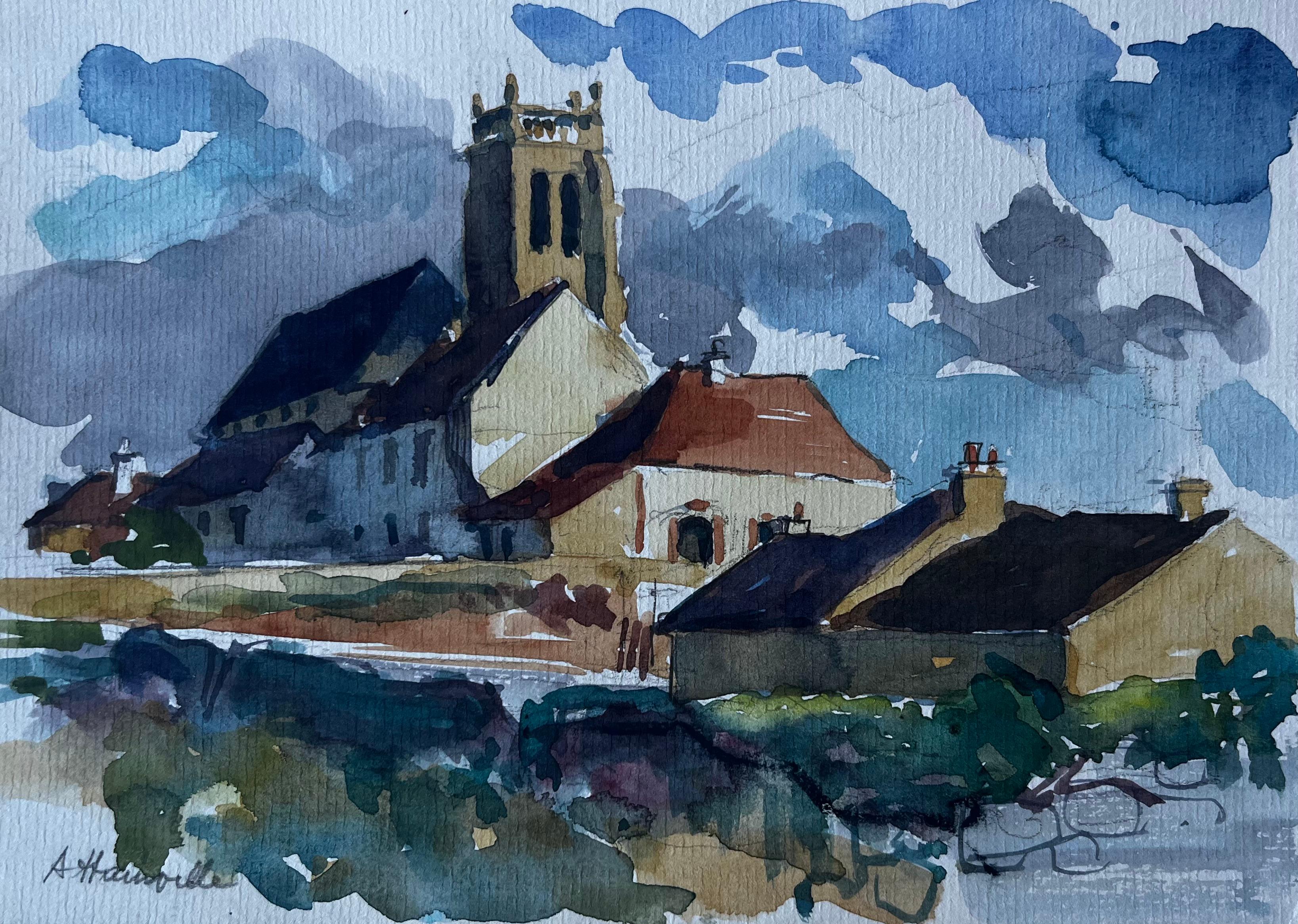 Kirche in Hauteville Französisches Dorf Aquarell von Pierre Neveu