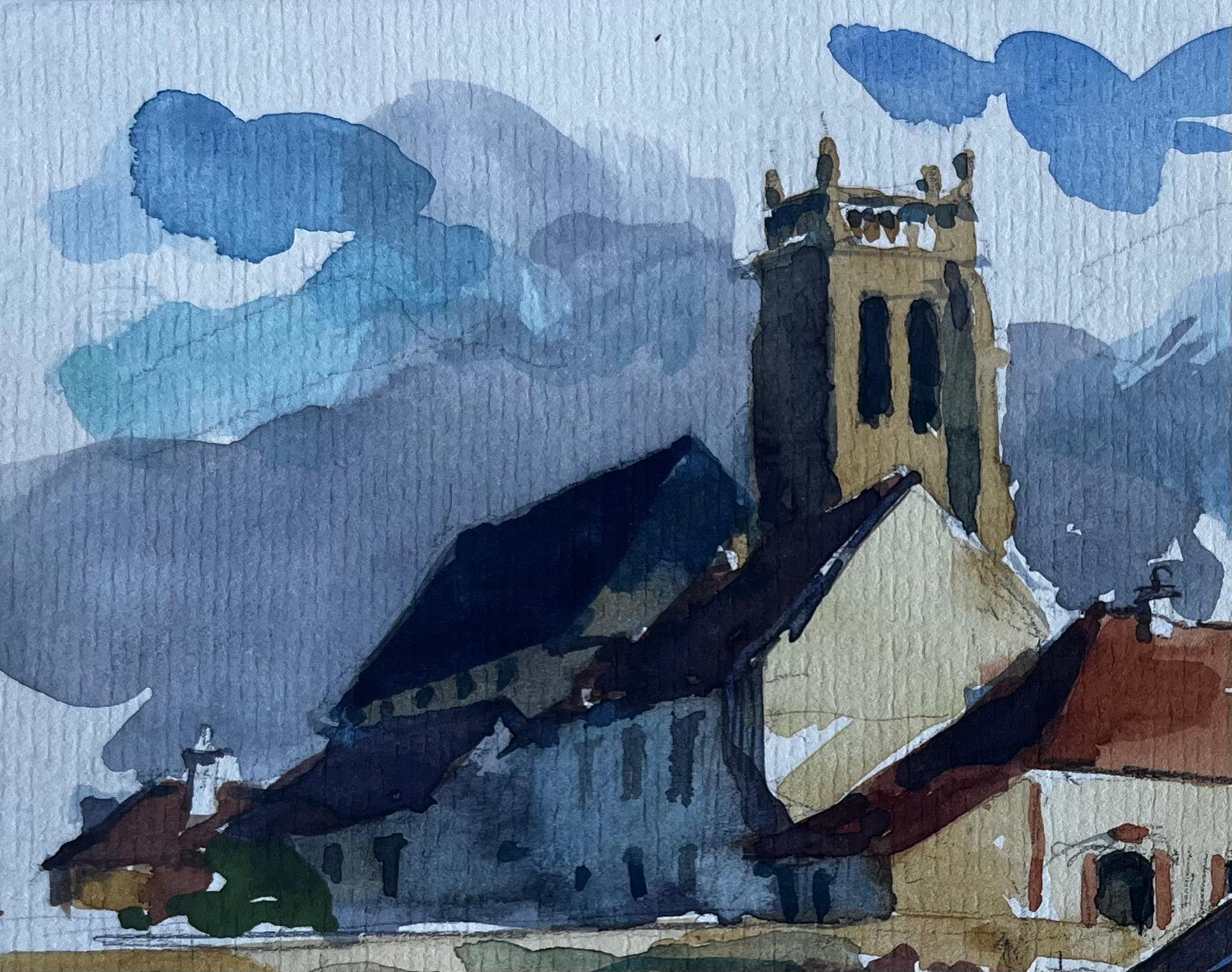 Iglesia de la aldea francesa de Hauteville Acuarela de Pierre Neveu en venta 2