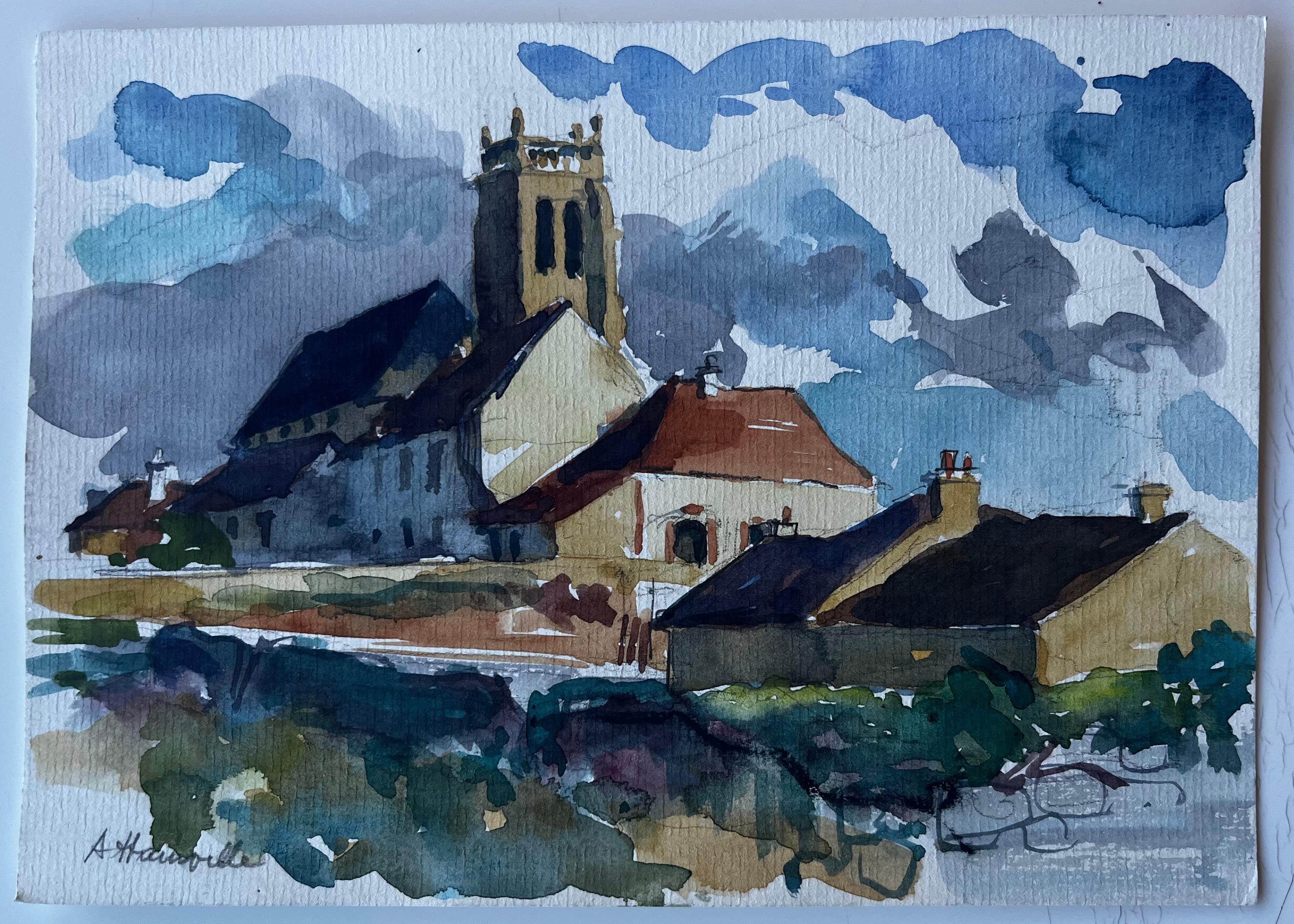 Iglesia de la aldea francesa de Hauteville Acuarela de Pierre Neveu en venta 1