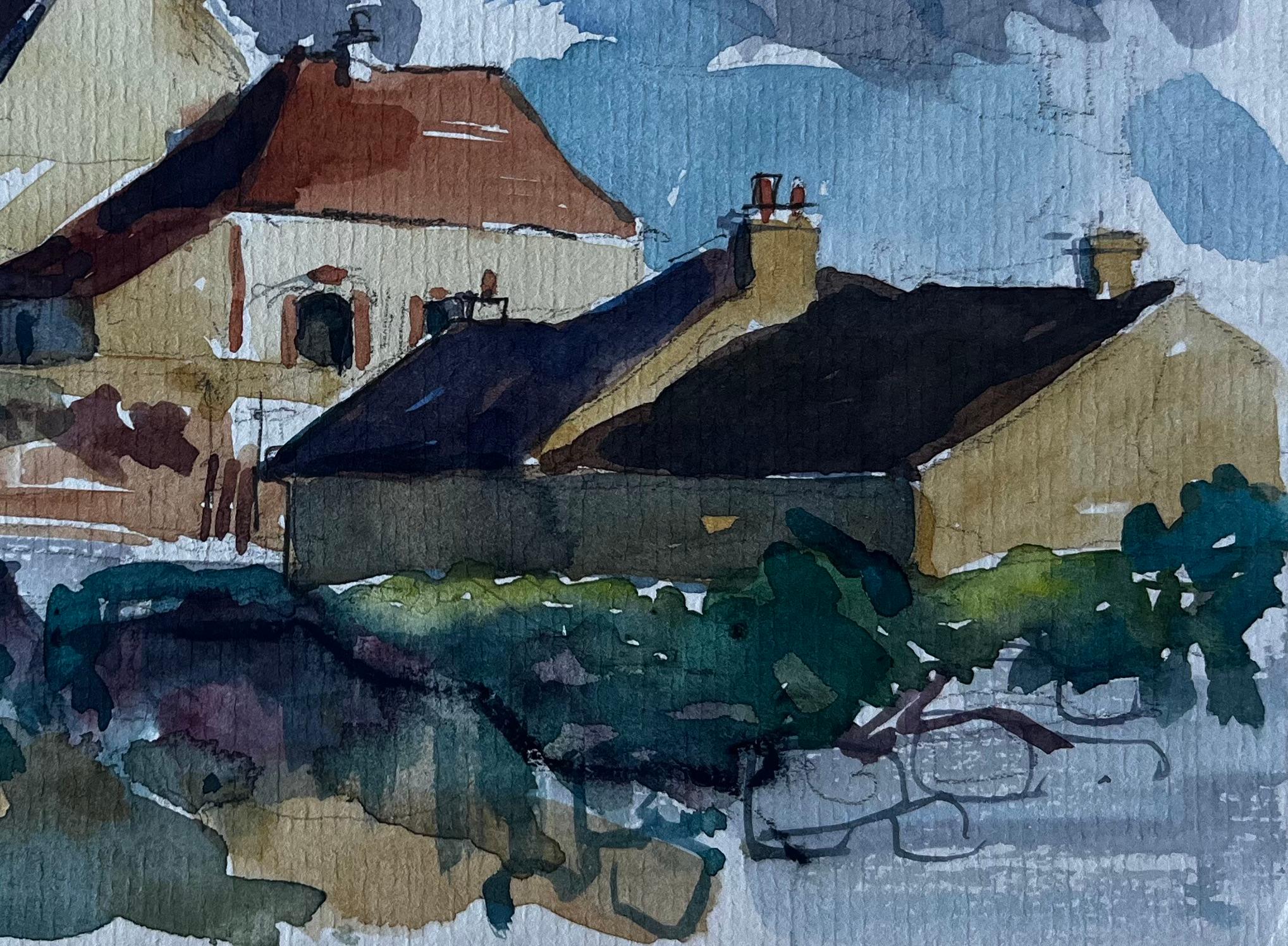 Iglesia de la aldea francesa de Hauteville Acuarela de Pierre Neveu en venta 4