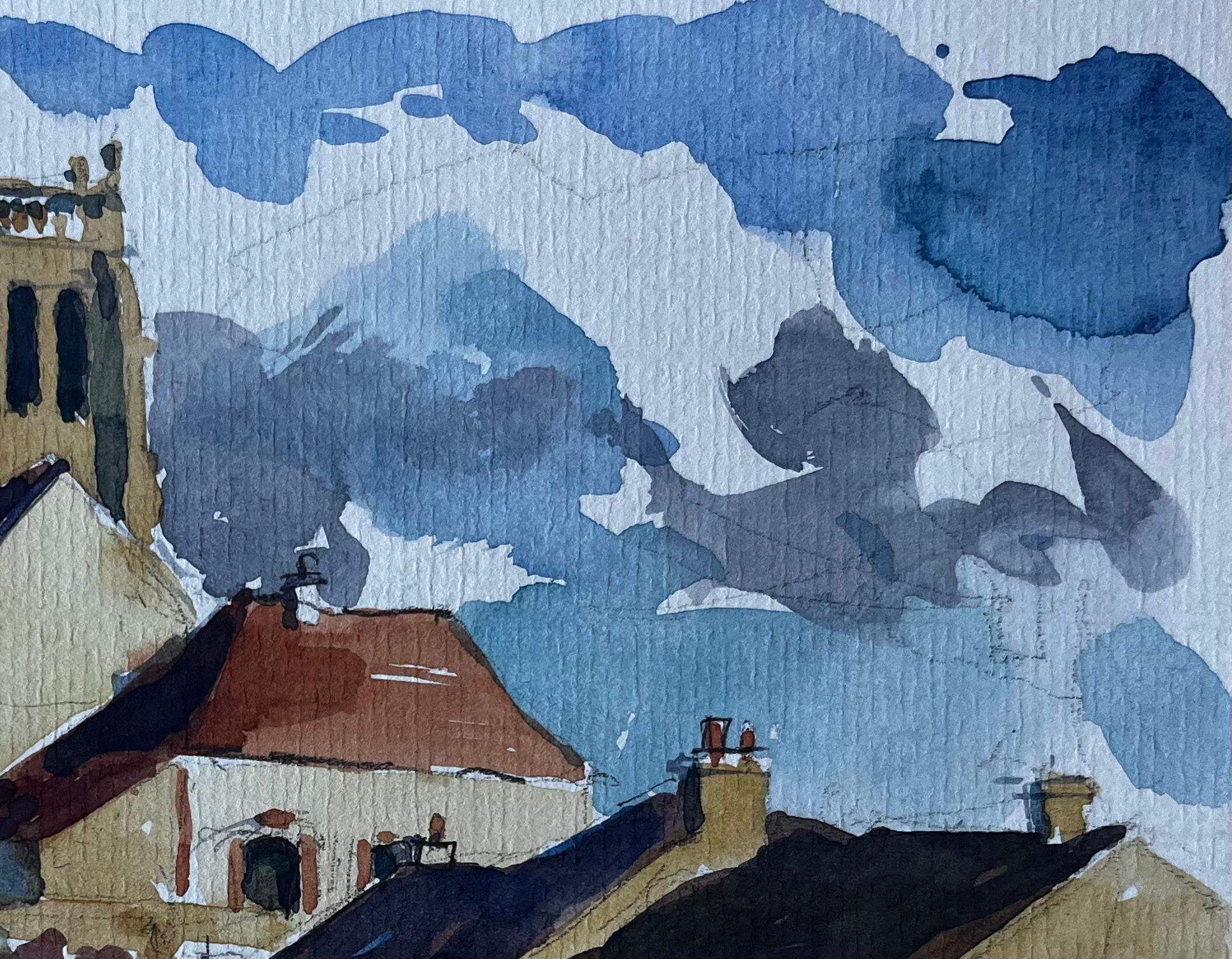 Iglesia de la aldea francesa de Hauteville Acuarela de Pierre Neveu en venta 5