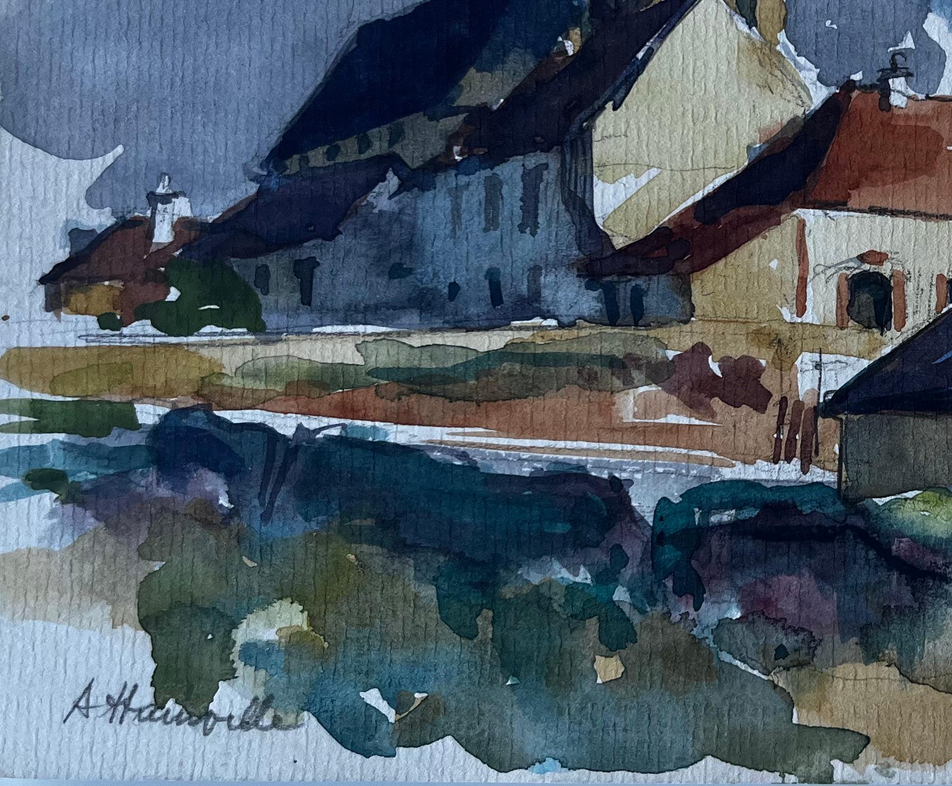 Iglesia de la aldea francesa de Hauteville Acuarela de Pierre Neveu en venta 3