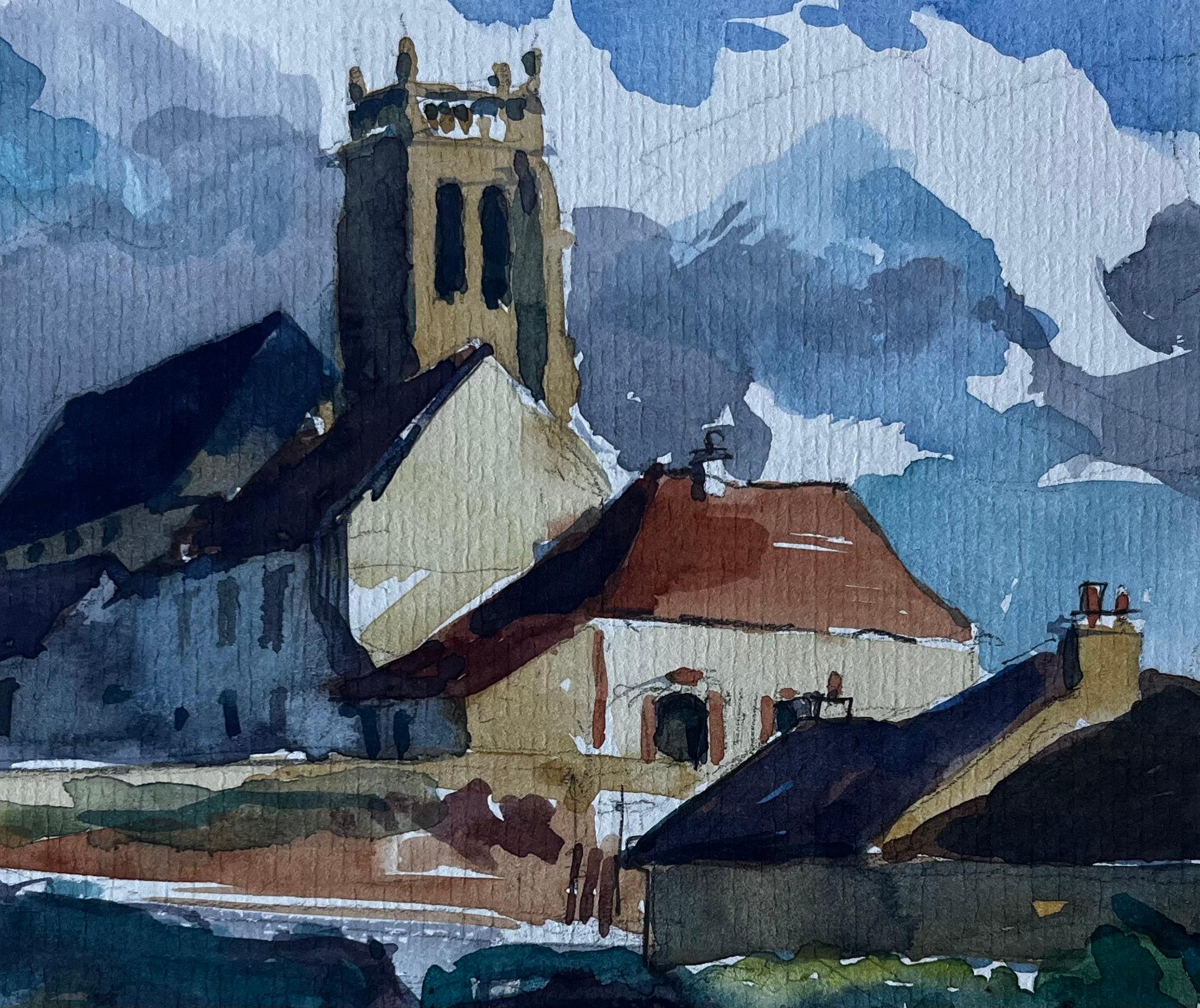 Iglesia de la aldea francesa de Hauteville Acuarela de Pierre Neveu en venta 6