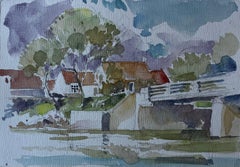 Bridge and Riverside Cottages France Mid Century Watercolour by Pierre Neveu