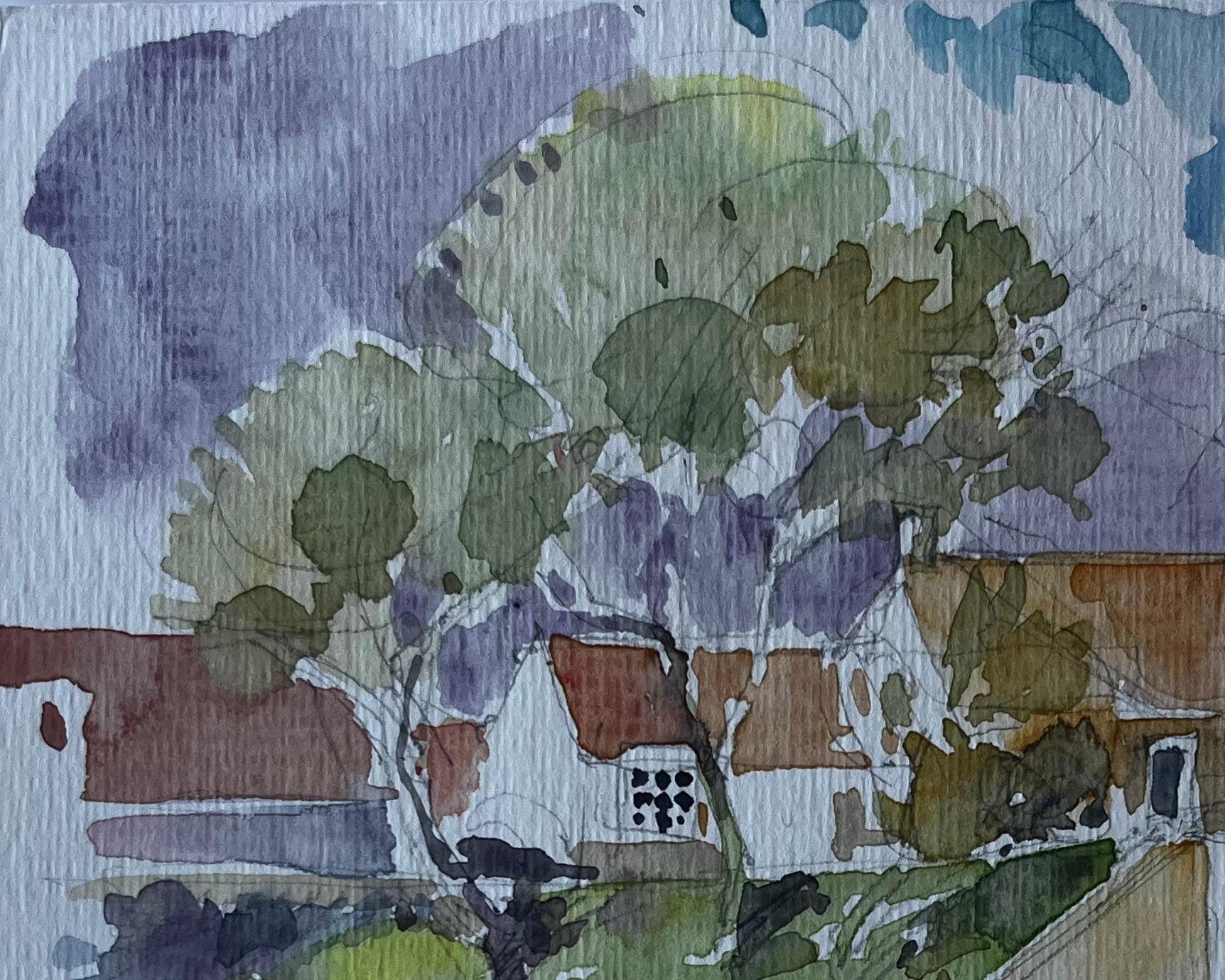 Puente y casas de campo a orillas del río Francia Acuarela de mediados de siglo de Pierre Neveu en venta 2