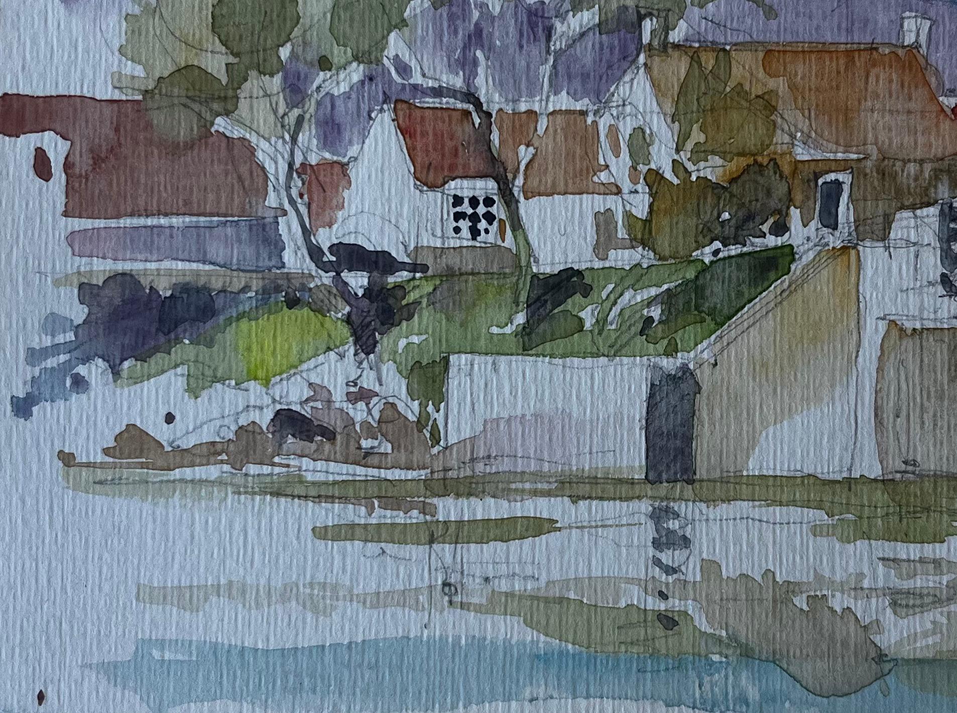 Puente y casas de campo a orillas del río Francia Acuarela de mediados de siglo de Pierre Neveu en venta 3