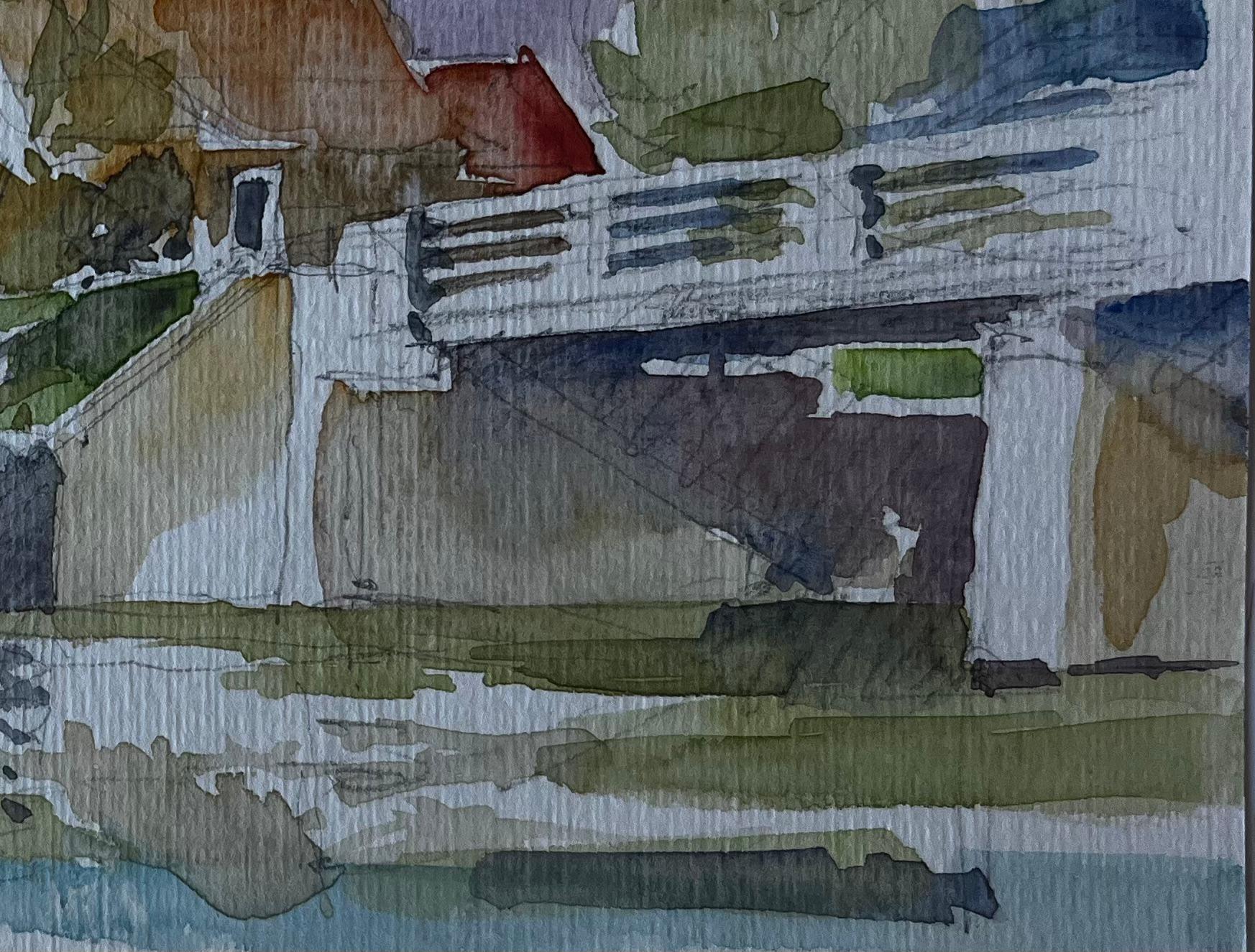 Puente y casas de campo a orillas del río Francia Acuarela de mediados de siglo de Pierre Neveu en venta 4