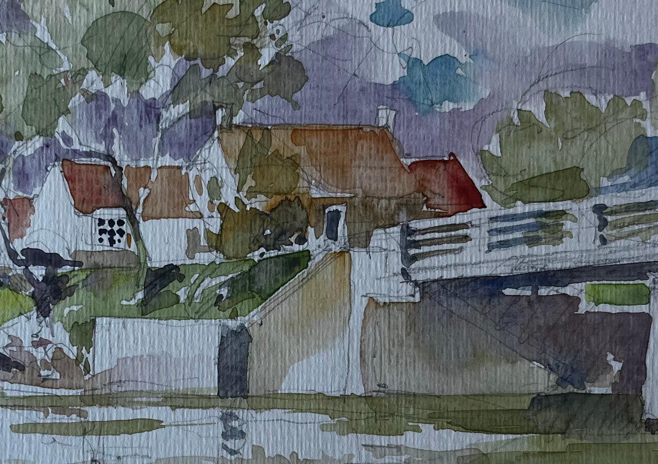 Puente y casas de campo a orillas del río Francia Acuarela de mediados de siglo de Pierre Neveu en venta 6