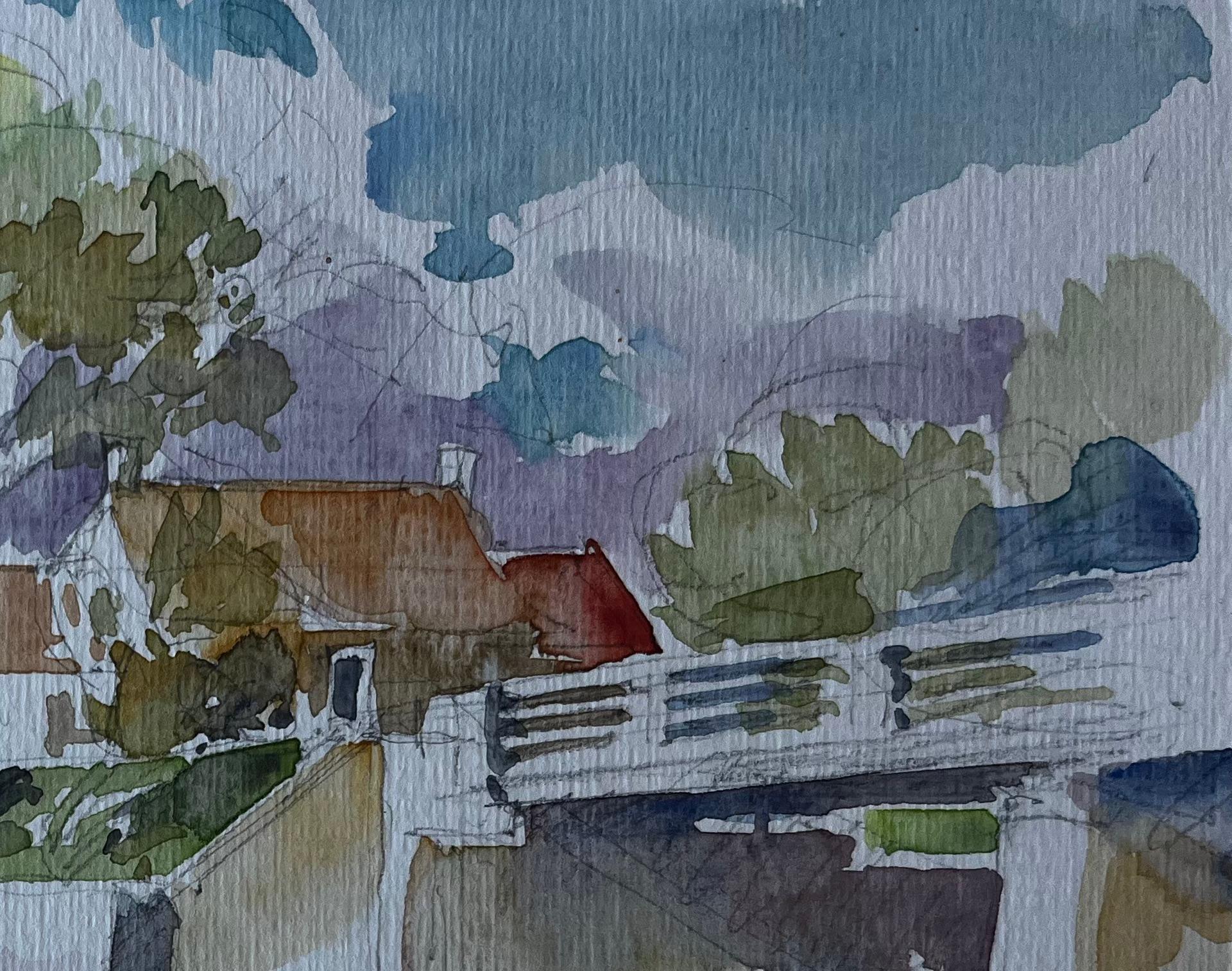 Puente y casas de campo a orillas del río Francia Acuarela de mediados de siglo de Pierre Neveu en venta 5