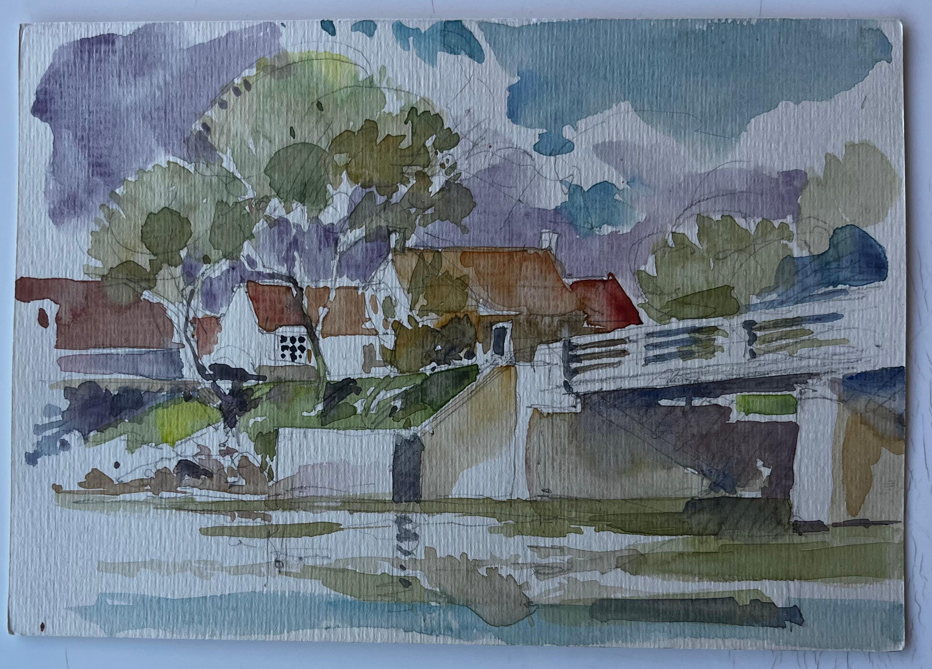 Puente y casas de campo a orillas del río Francia Acuarela de mediados de siglo de Pierre Neveu en venta 1