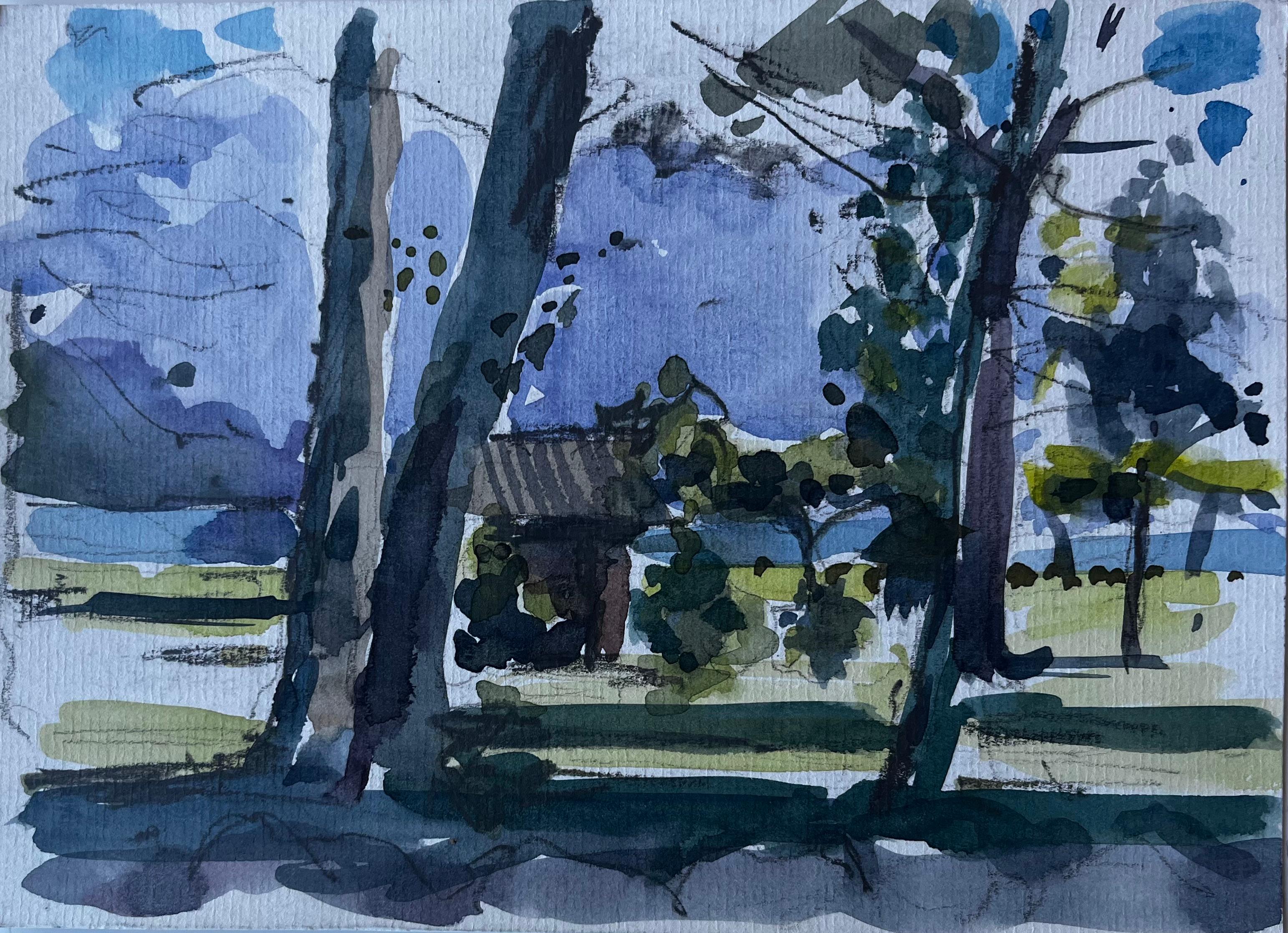 Vue d
un bois et d
un chalet France Paysage du milieu du siècle Aquarelle