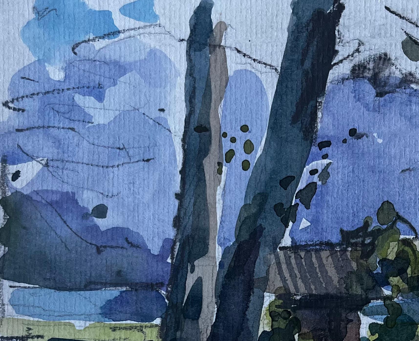 Vista del bosque con casa de campo Francia Paisaje de mediados de siglo Acuarela - Landscape Painting Púrpura de Pierre Neveu