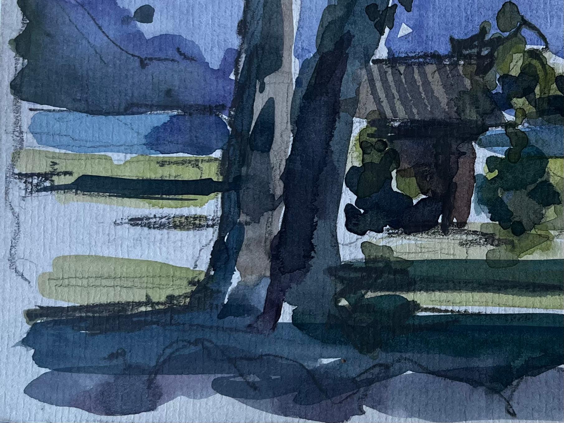 Vista del bosque con casa de campo Francia Paisaje de mediados de siglo Acuarela en venta 1