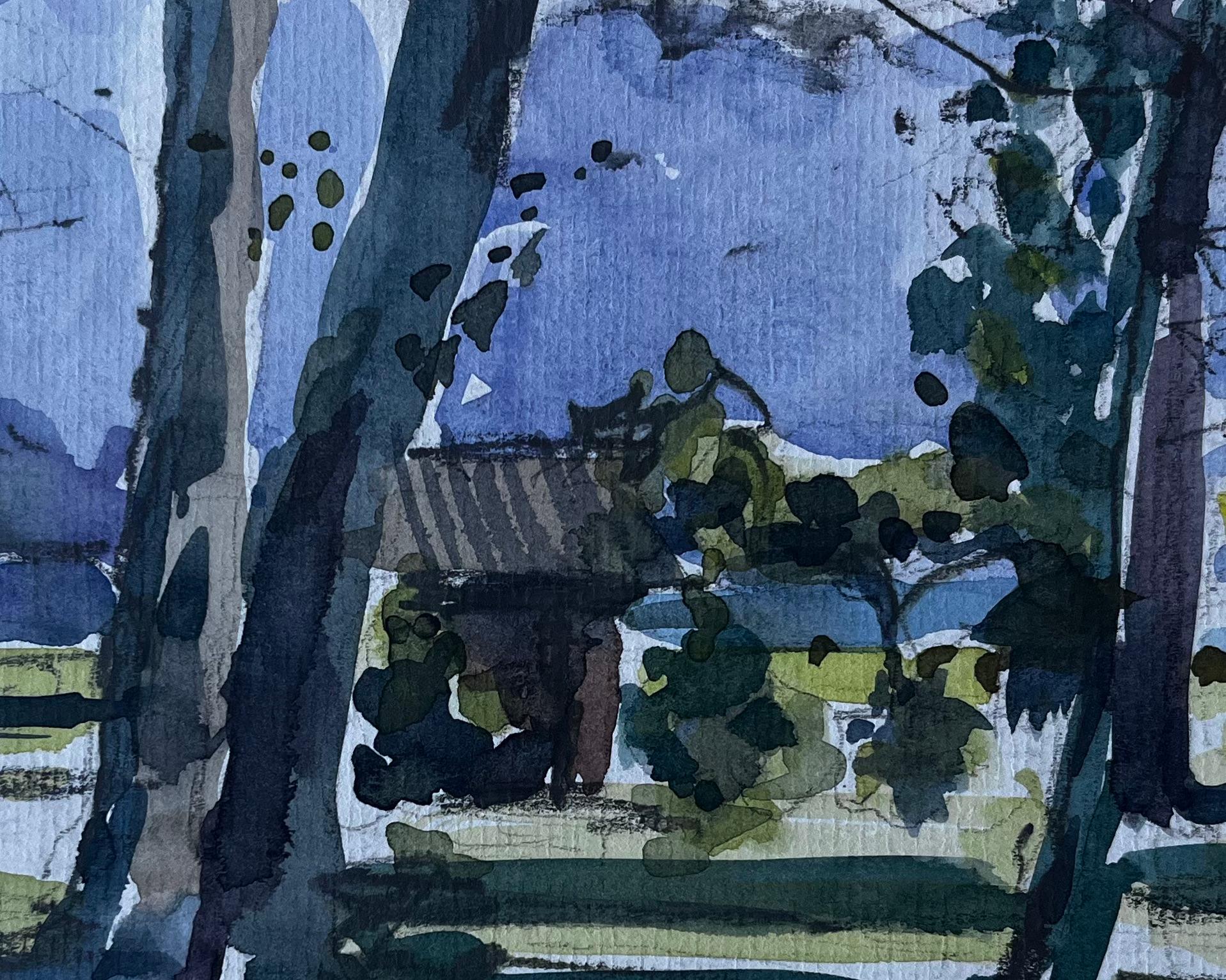 Vista del bosque con casa de campo Francia Paisaje de mediados de siglo Acuarela en venta 2