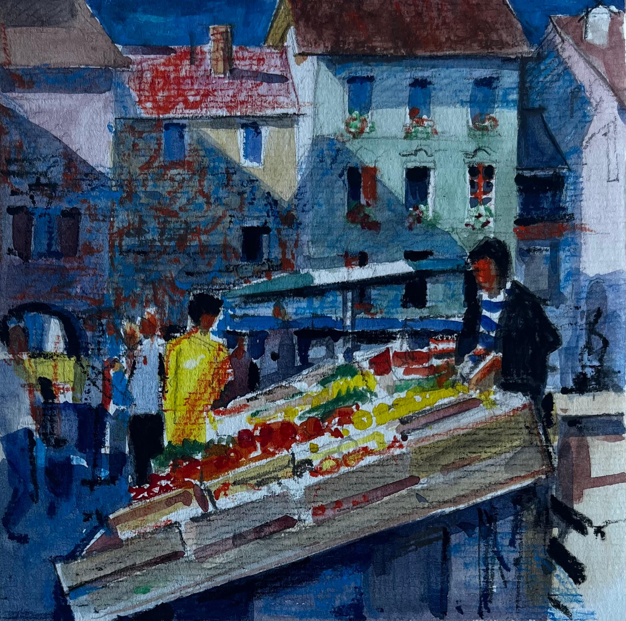 Scène de marché avec étals de fruits Aquarelle du milieu du siècle de Pierre Neveu