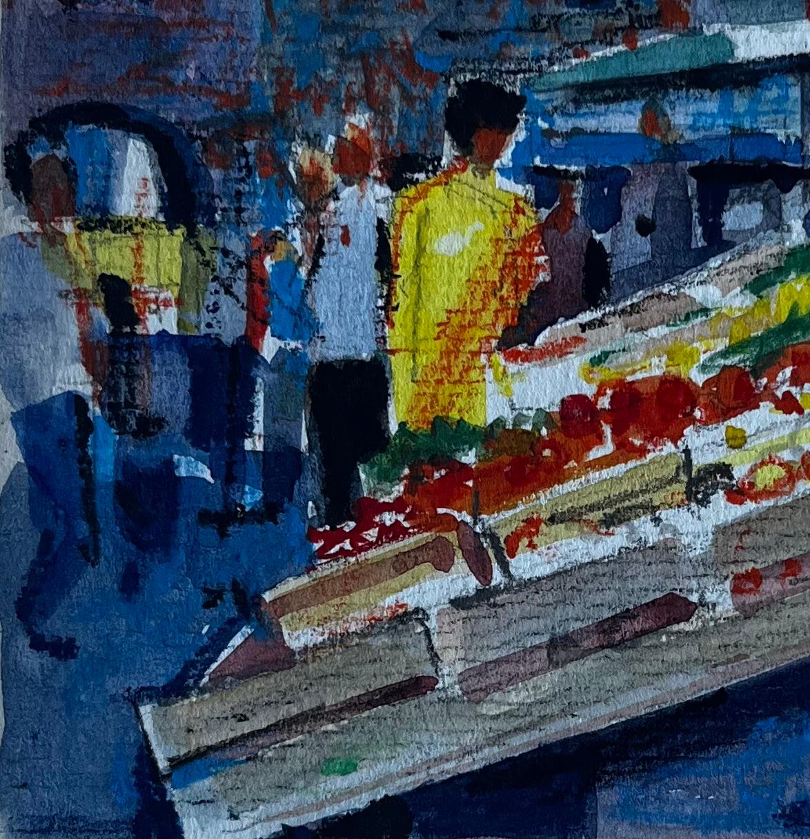 Scena di mercato francese con bancarelle di frutta Acquerello di Pierre Neveu della metà del secolo scorso in vendita 3