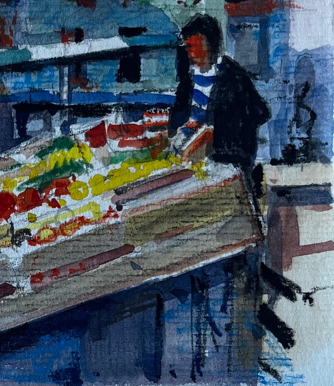 Scena di mercato francese con bancarelle di frutta Acquerello di Pierre Neveu della metà del secolo scorso in vendita 2