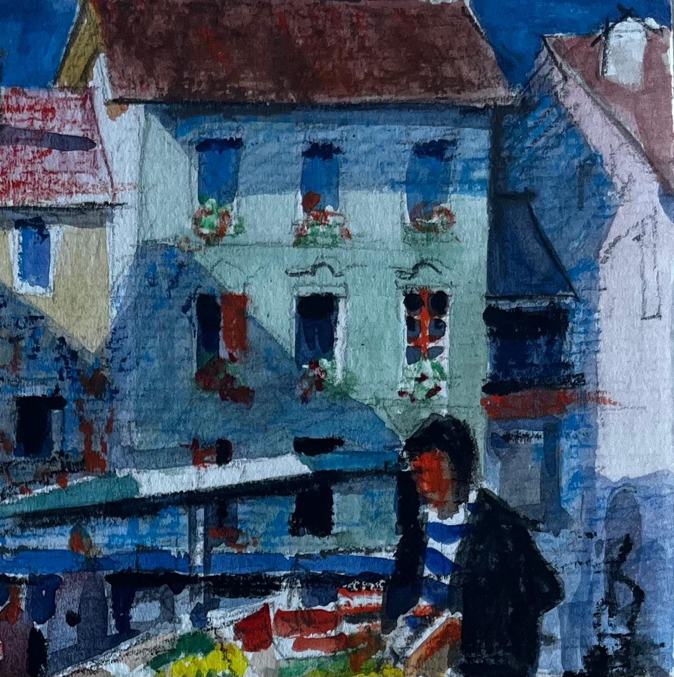 Scena di mercato francese con bancarelle di frutta Acquerello di Pierre Neveu della metà del secolo scorso in vendita 4