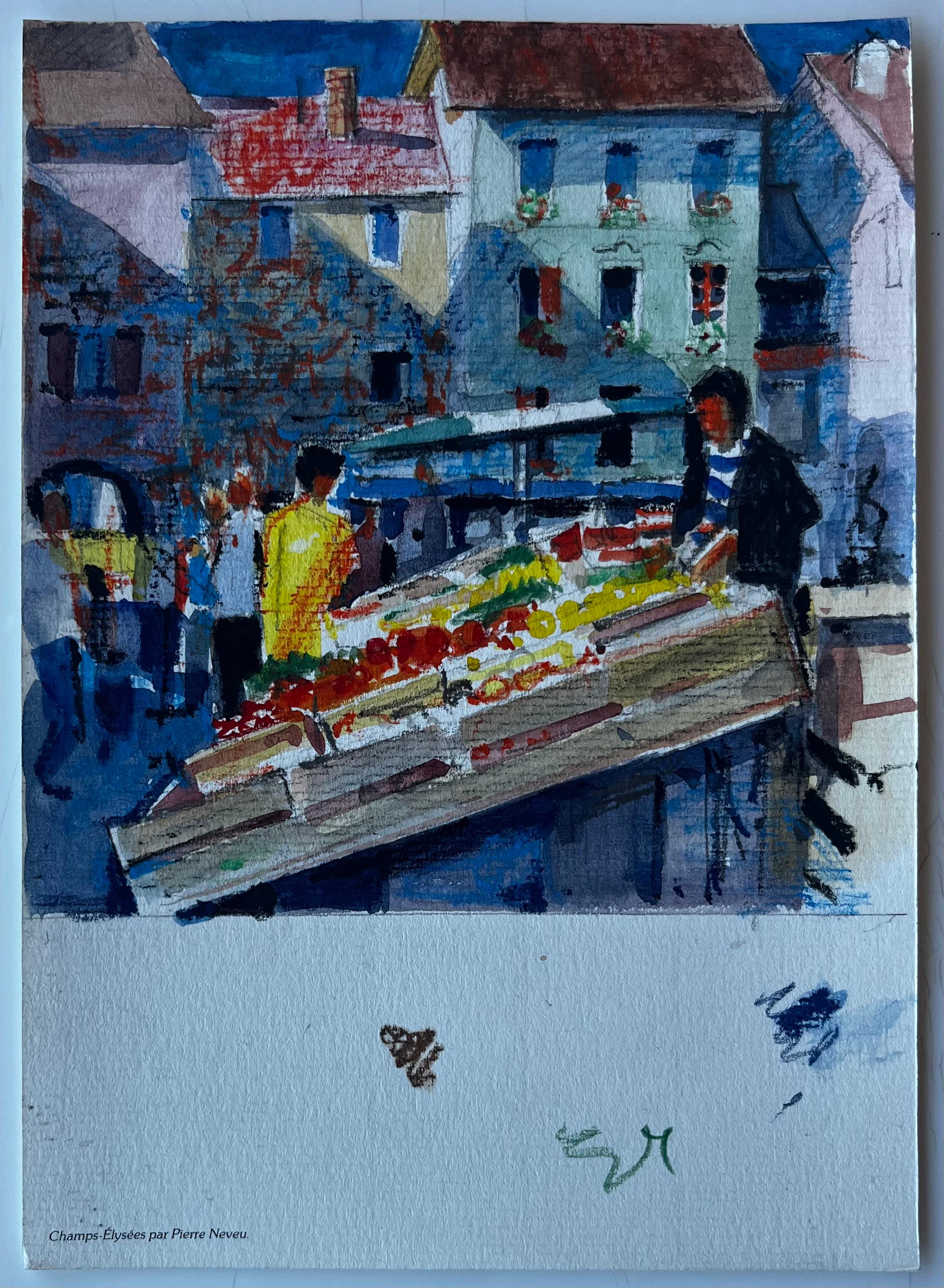 Scena di mercato francese con bancarelle di frutta Acquerello di Pierre Neveu della metà del secolo scorso in vendita 1