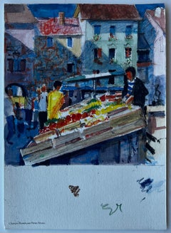 French Market Scene with Fruit Stalls Mid Century Watercolour by Pierre Neveu