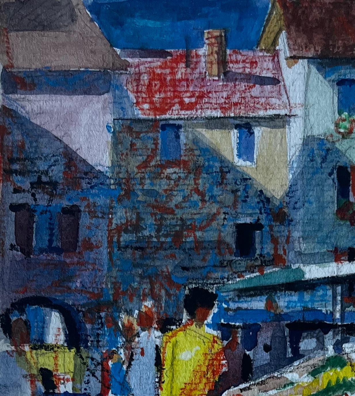 Scena di mercato francese con bancarelle di frutta Acquerello di Pierre Neveu della metà del secolo scorso in vendita 5