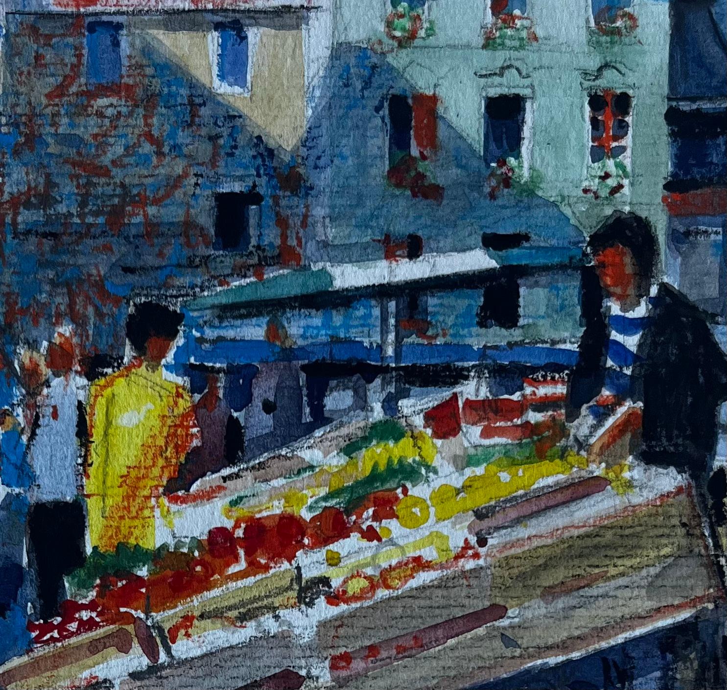 Scena di mercato francese con bancarelle di frutta Acquerello di Pierre Neveu della metà del secolo scorso in vendita 6