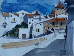 French Hilltop Village Street Scene Mid Century Watercolour Painting