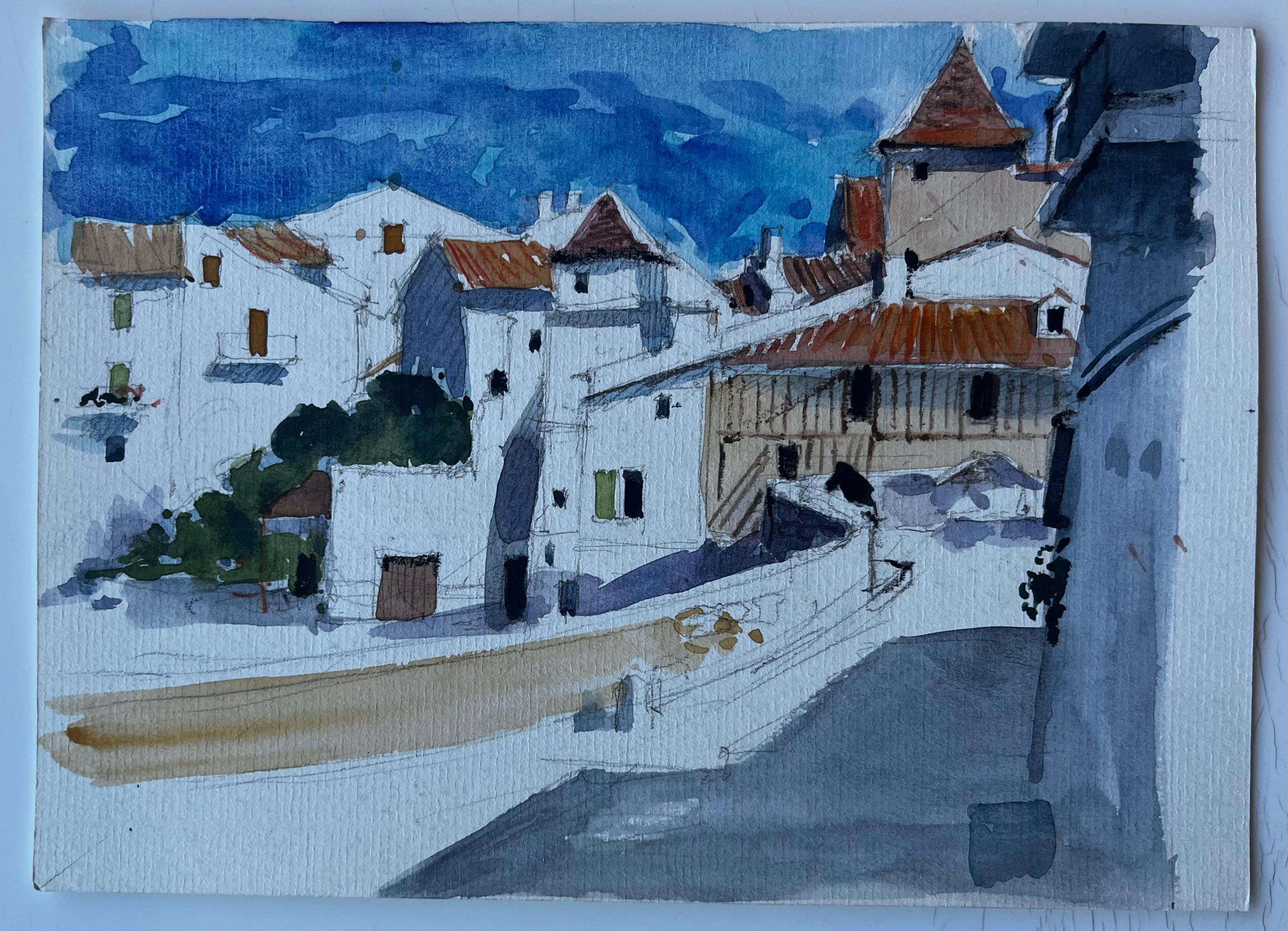 Scena di strada di un villaggio francese in cima alla collina Pittura ad acquerello della metà del secolo scorso - Painting di Pierre Neveu