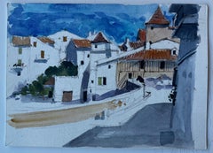 French Hilltop Village Street Scene Mid Century Watercolour Painting
