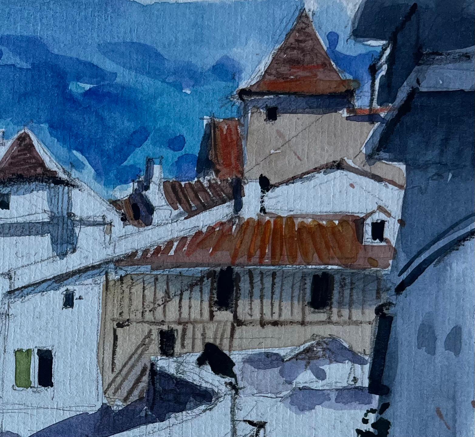 Scena di strada di un villaggio francese in cima alla collina Pittura ad acquerello della metà del secolo scorso - Landscape Painting Blu di Pierre Neveu