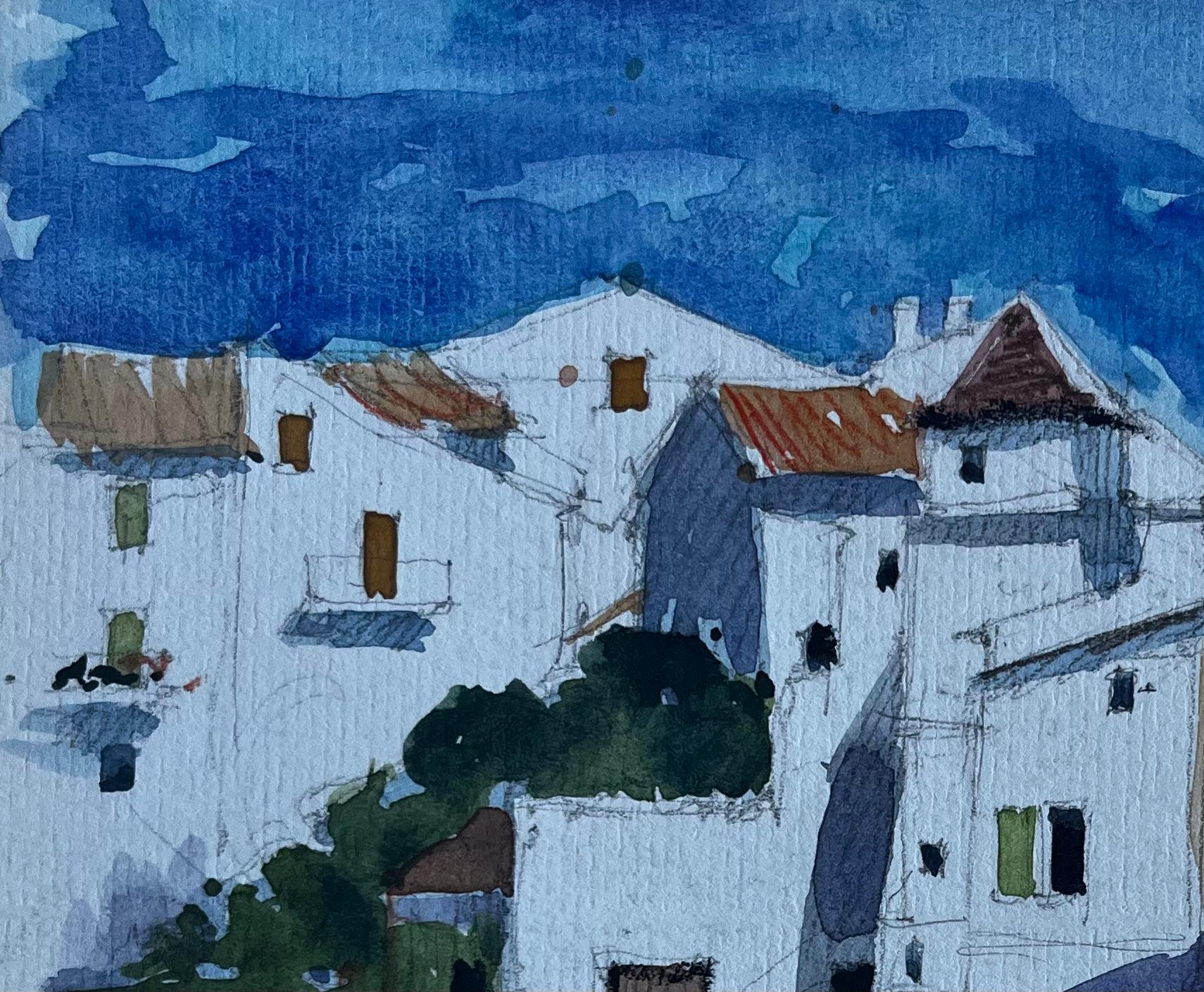 Scena di strada di un villaggio francese in cima alla collina Pittura ad acquerello della metà del secolo scorso - Painting Postimpressionismo di Pierre Neveu